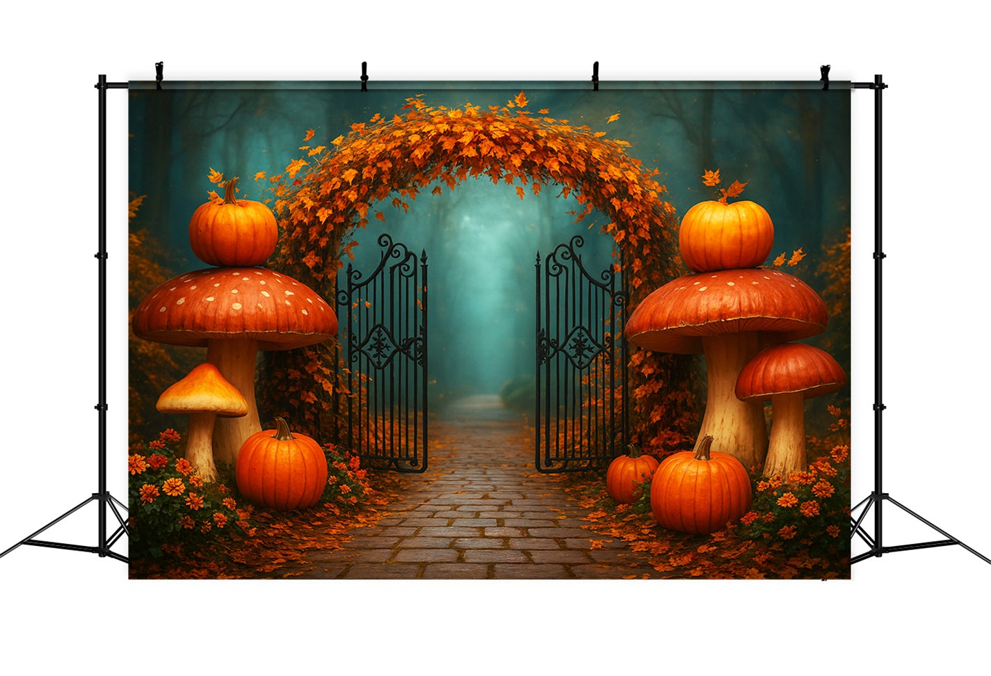 Pumpkins Gate Backdrop Maple Arch Forest Path Thanksgiving Backdrops UK LXX510-20
