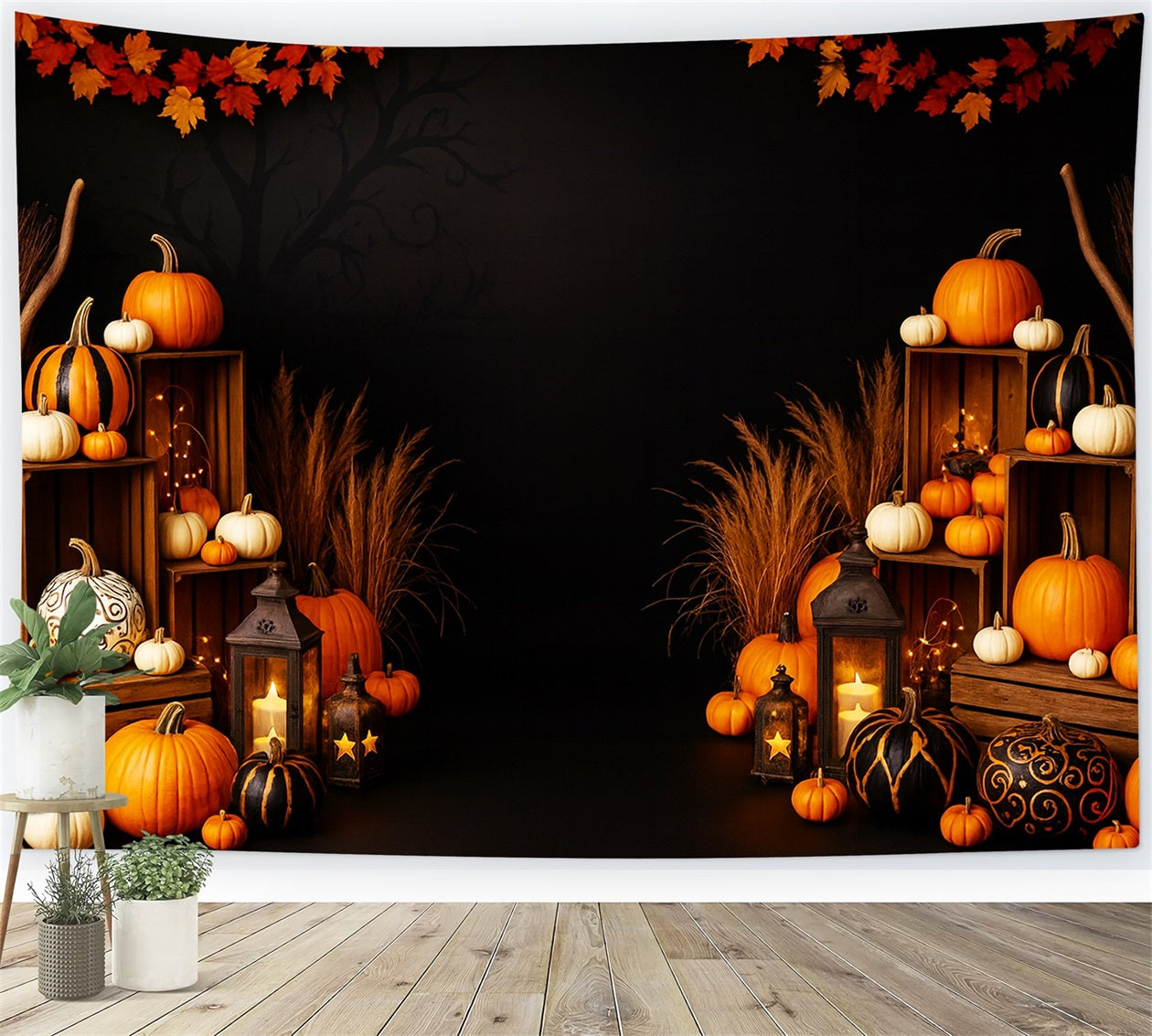 Farm Backdrop Golden Maple Lantern Glow Thanksgiving Photo Backdrop UK LXX510-31