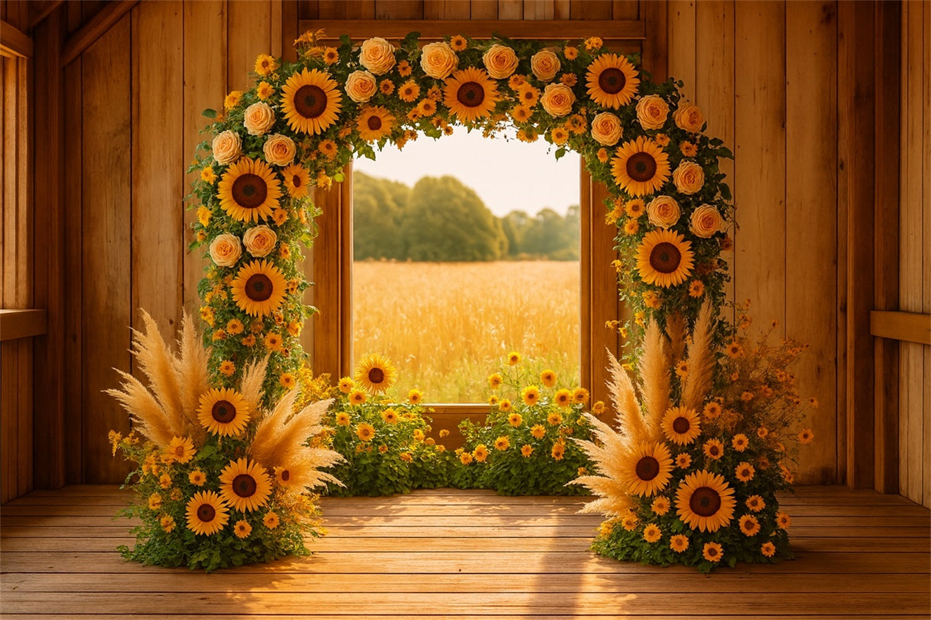 Fall Backdrop Sunflower Arch Rustic Barn Thanksgiving Backdrop Ideas UK LXX510-33
