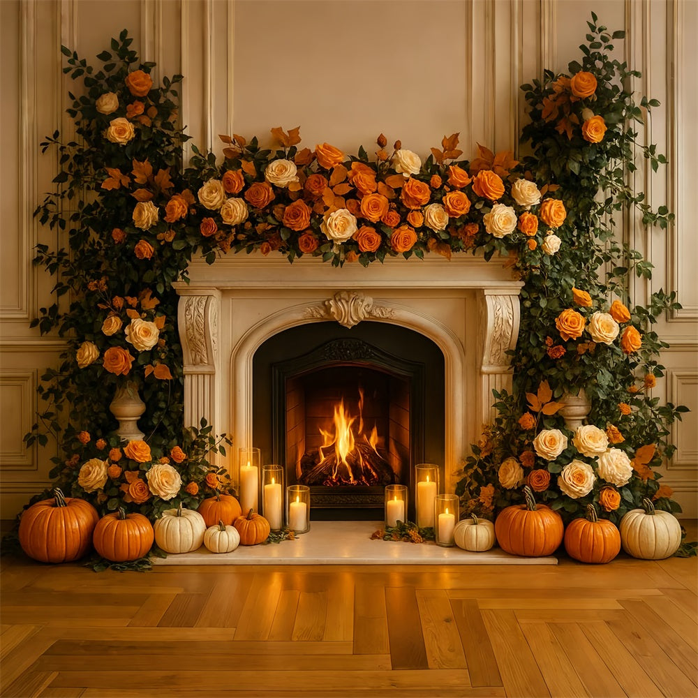 Fall Backdrop Fireplace Roses Candle Glow Thanksgiving Backdrop UK LXX510-36