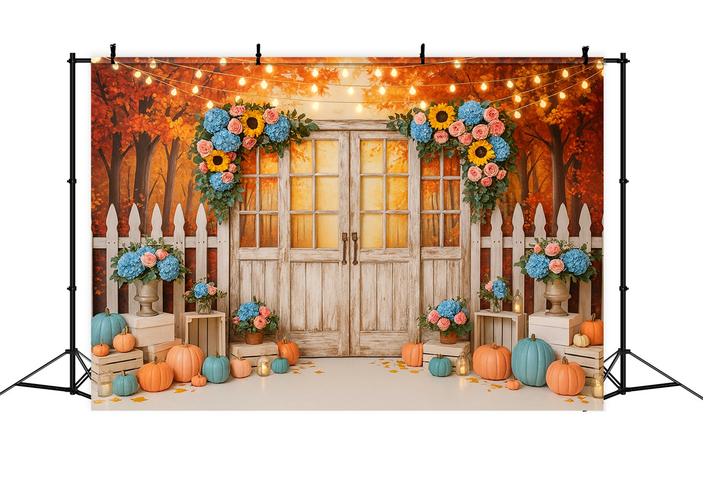 Fall Backdrop Rustic Door Floral Lights Thanksgiving Photo Backdrop UK LXX510-37