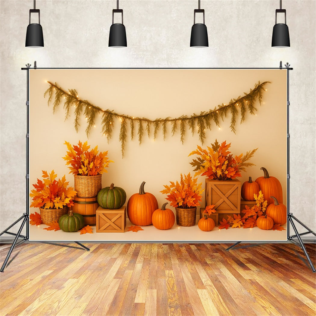 Pumpkin Backdrop Maple Leaves Cozy Arrangement Thanksgiving Photo Backdrops UK LXX510-40