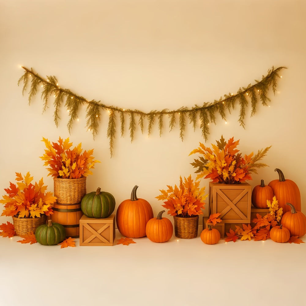 Pumpkin Backdrop Maple Leaves Cozy Arrangement Thanksgiving Photo Backdrops UK LXX510-40