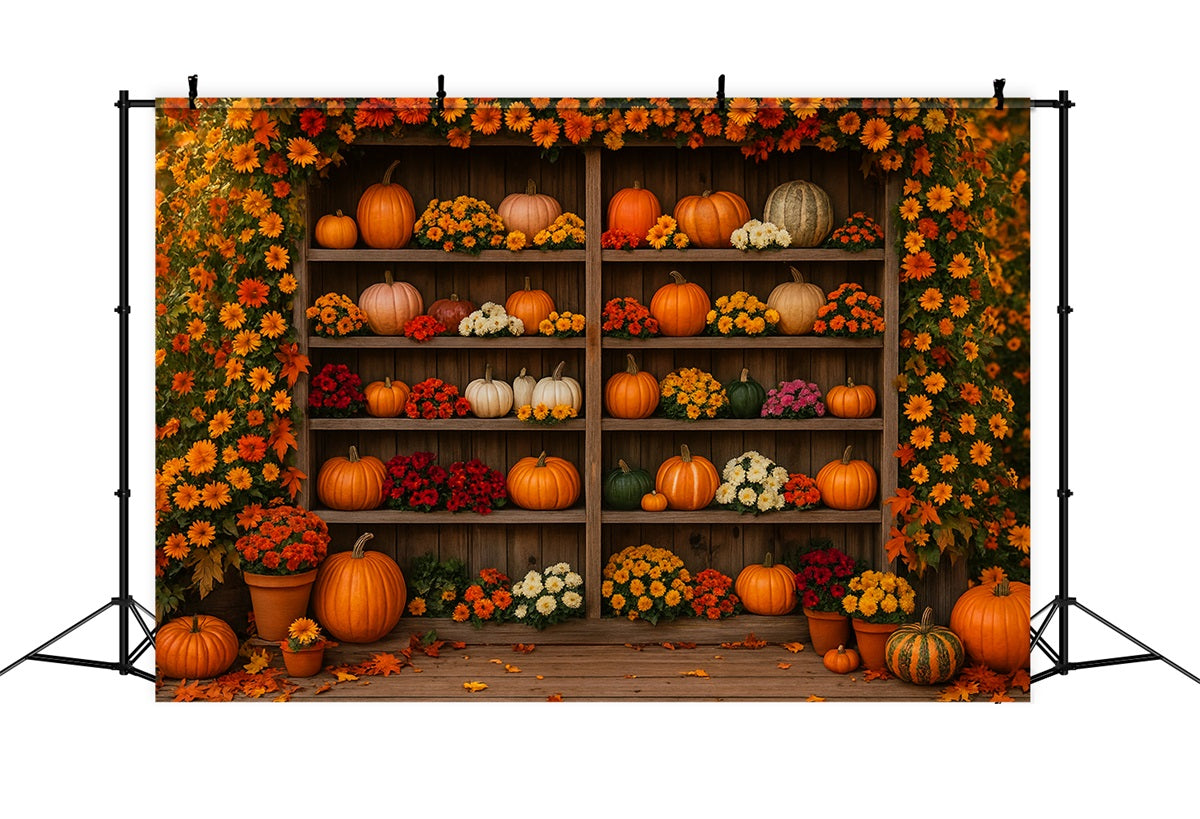 Farm Backdrop Blooming Pumpkin Floral Shelf Thanksgiving Photo Backdrop UK LXX510-49