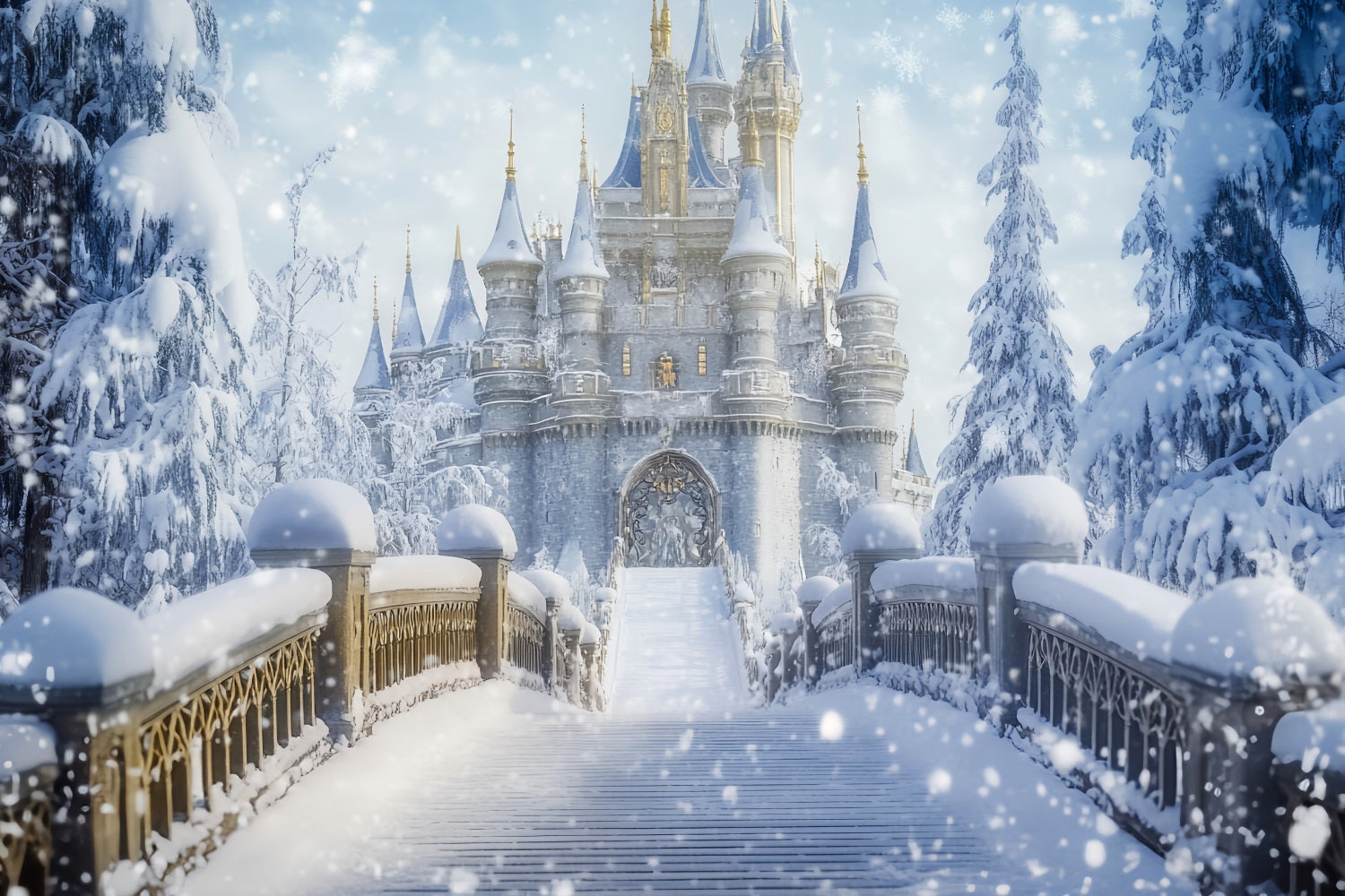 Wonderland Backdrop Snowy Castle Bridge Fantasy Winter Photography Backdrops UK LXX510-64