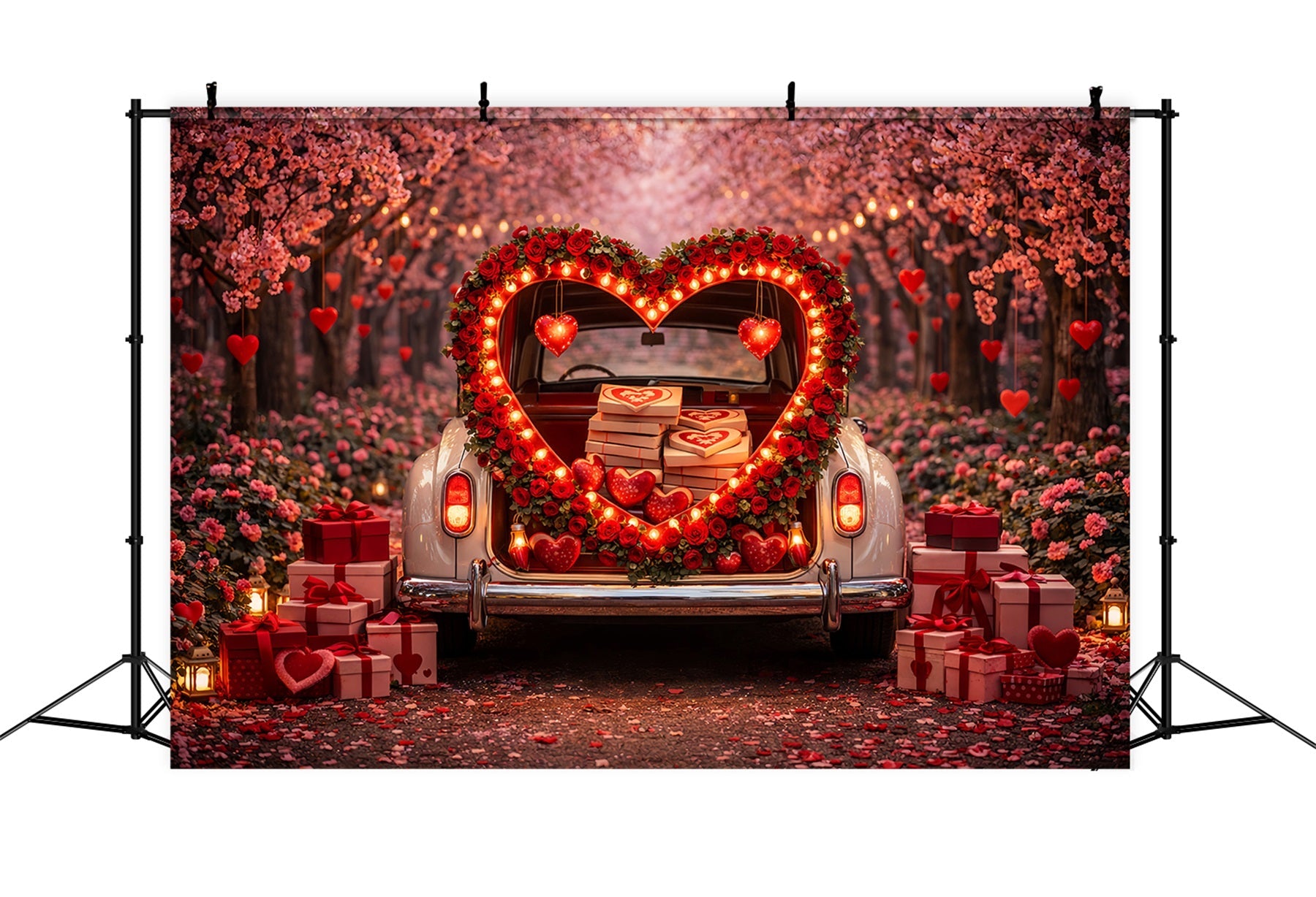 Gift Box Valentine Backdrop Heart Trunk Blossom Red Rose Heart Backdrop UK LXX512-100