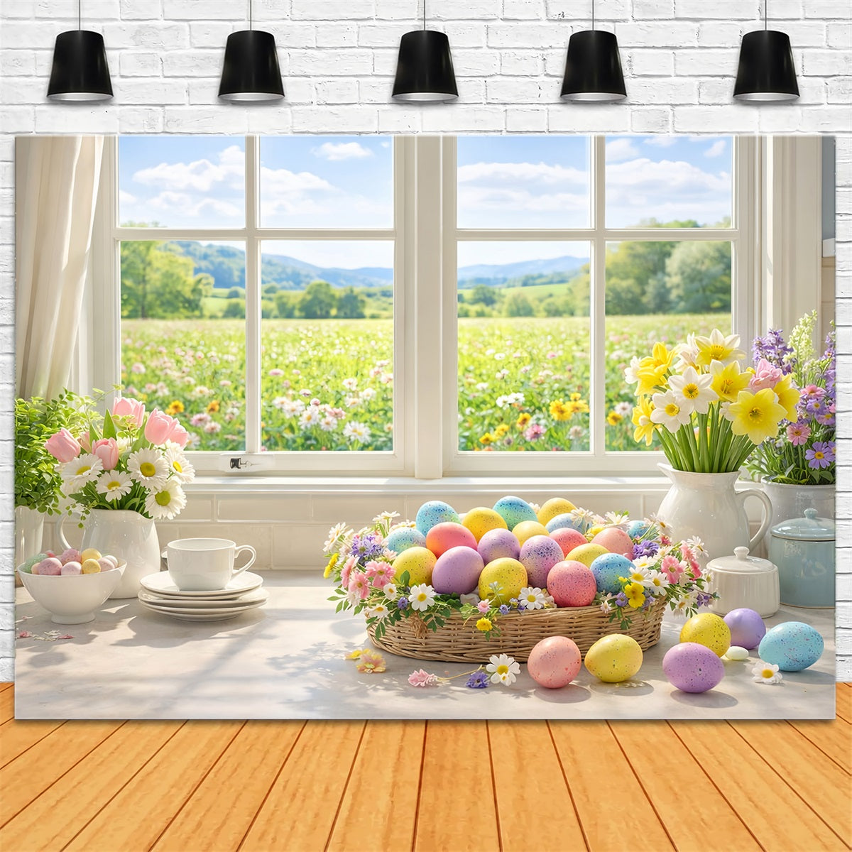Easter Egg Backdrop Spring Window Basket Daisies Tulip Backdrop UK LXX512-102