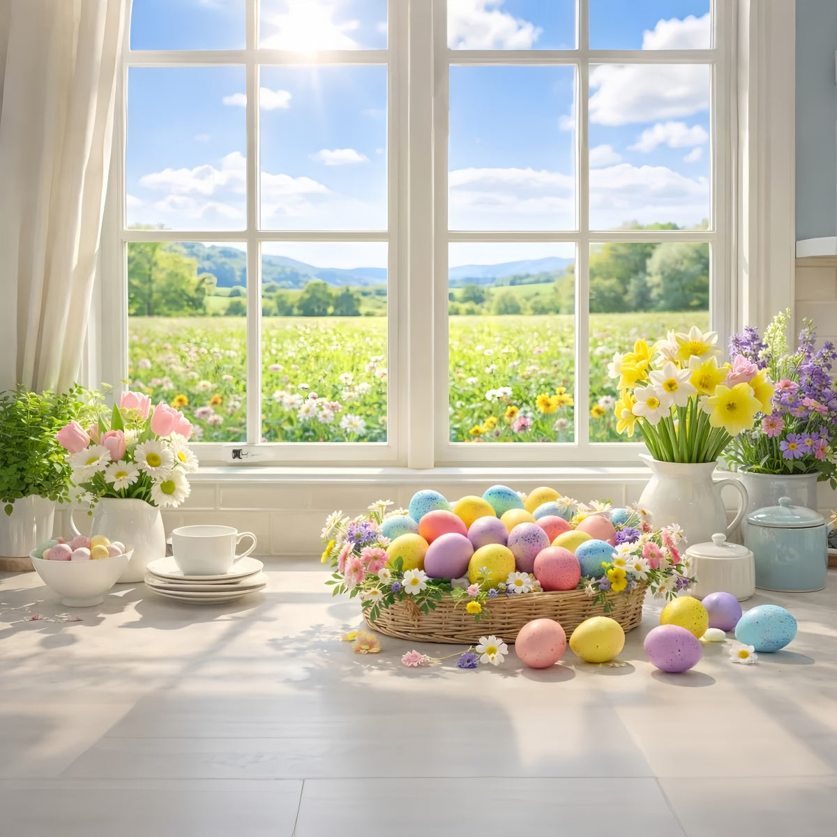 Easter Egg Backdrop Spring Window Basket Daisies Tulip Backdrop UK LXX512-102