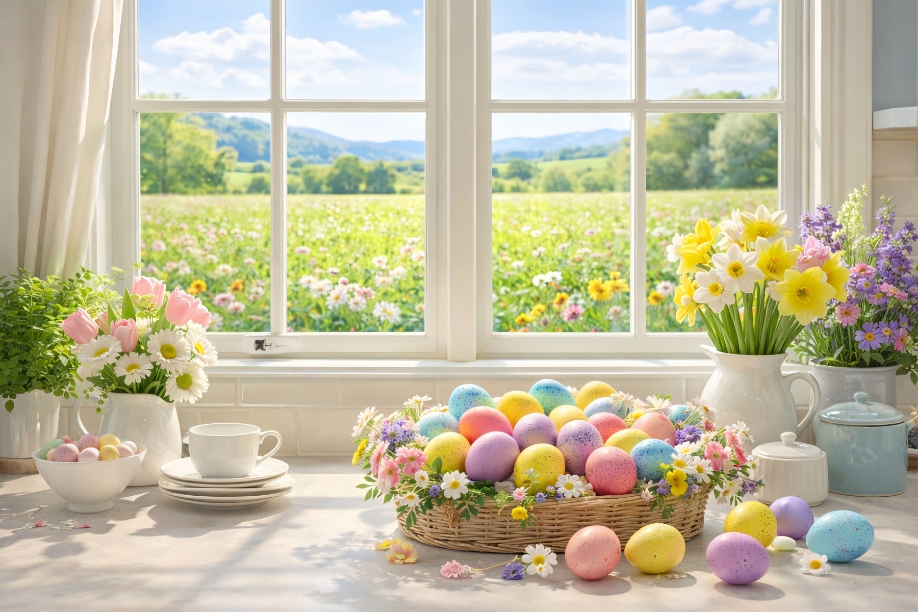 Easter Egg Backdrop Spring Window Basket Daisies Tulip Backdrop UK LXX512-102