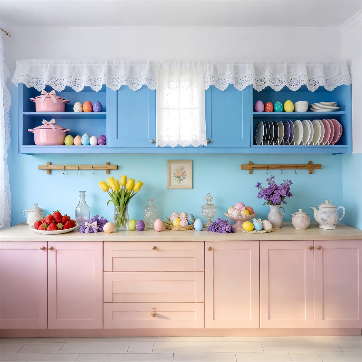 Rustic Easter Backdrop Vintage Blue Kitchen Egg Easter Photo Backdrop UK LXX512-104