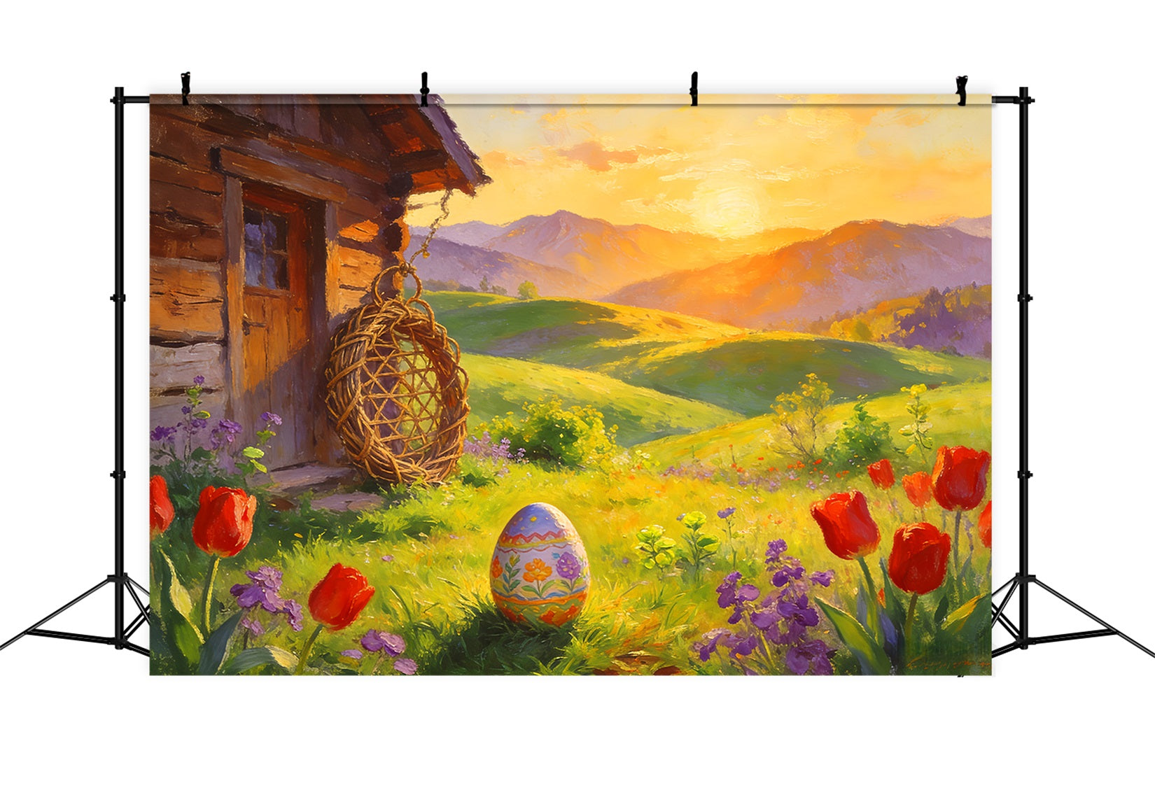 Easter Egg Hunt Backdrop Painted Cottag Sunrise Meadow Tulip Backdrop UK LXX512-106