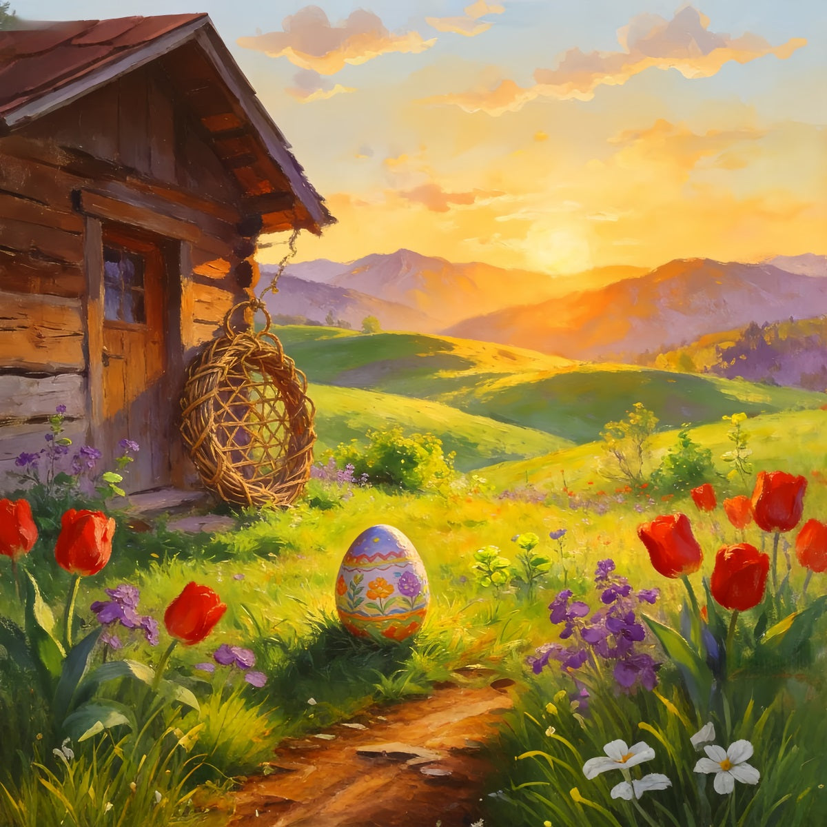 Easter Egg Hunt Backdrop Painted Cottag Sunrise Meadow Tulip Backdrop UK LXX512-106