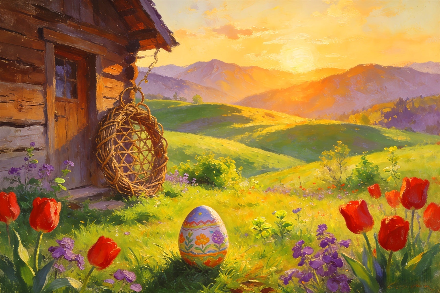 Easter Egg Hunt Backdrop Painted Cottag Sunrise Meadow Tulip Backdrop UK LXX512-106