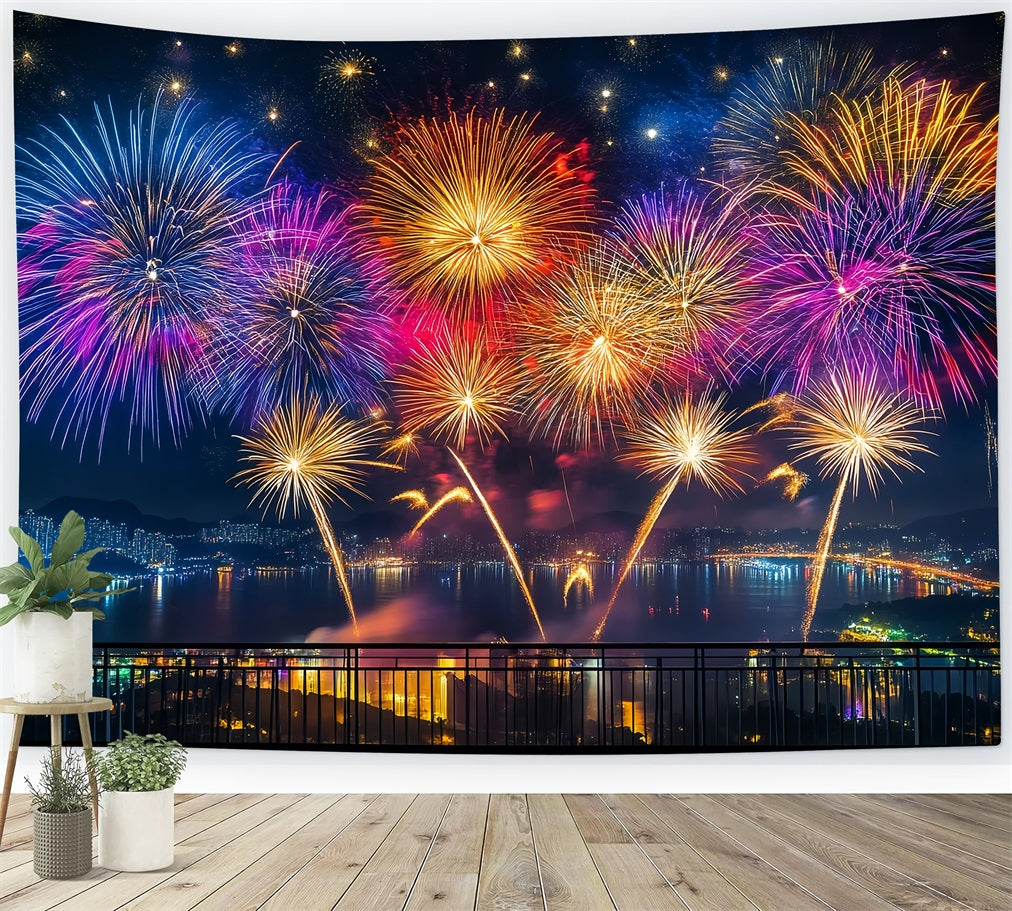 New Years Backdrop Vibrant Fireworks Harbor Panorama City Night Backdrop UK LXX512-11