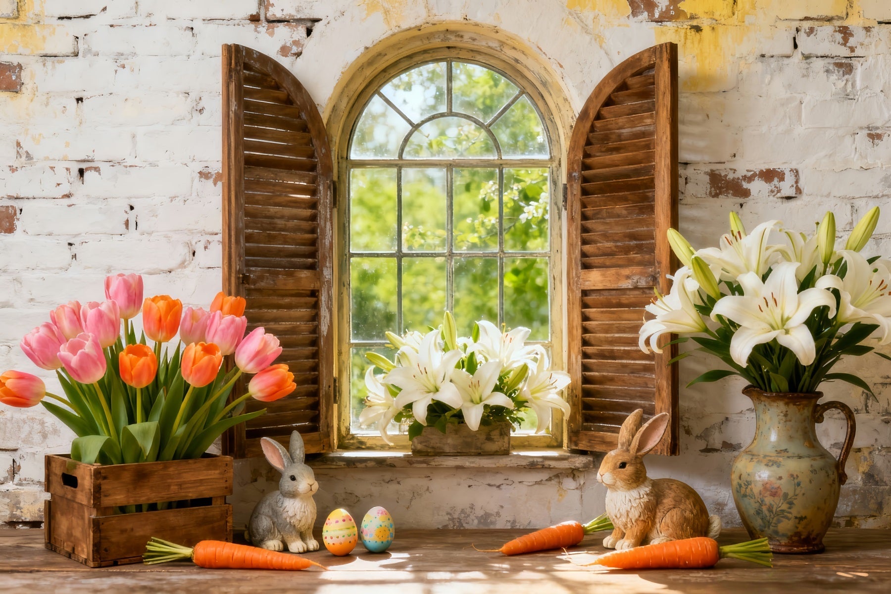 Easter Lily Backdrop Bunny Flowers Shutter Window Rustic Easter Backdrop UK LXX512-112