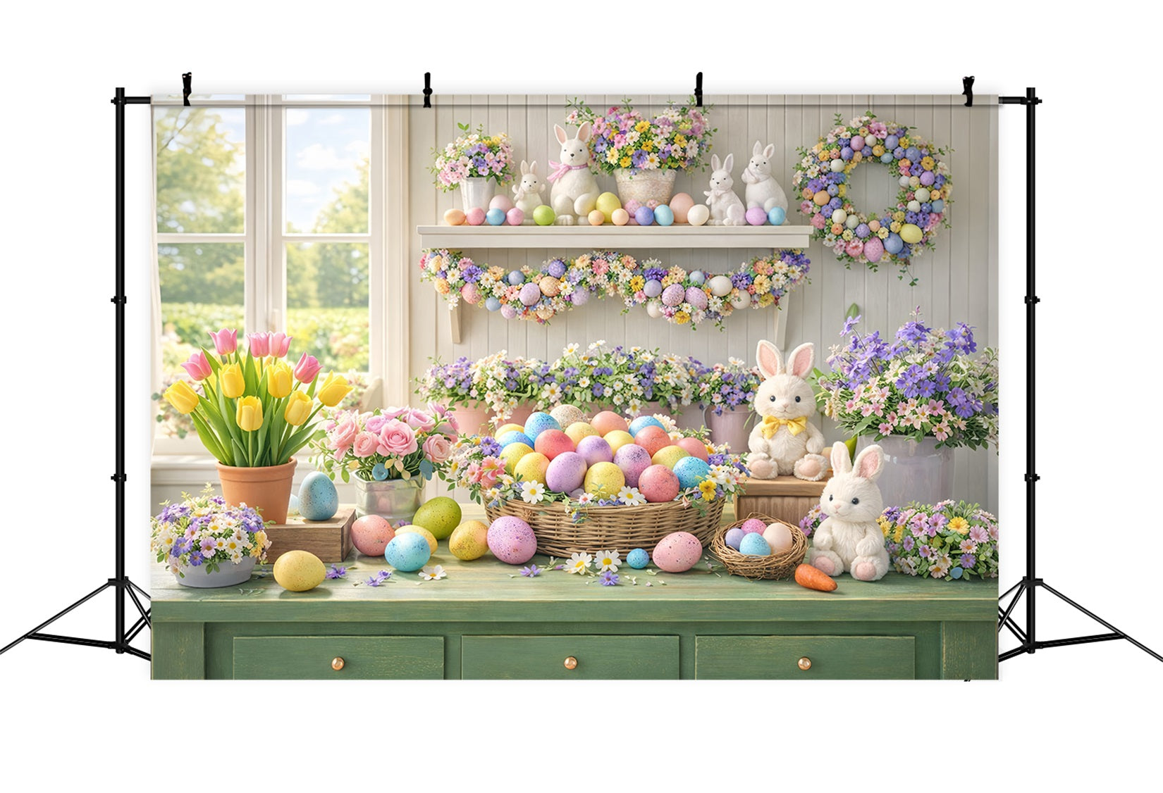 Easter Flower Backdrop Pastel Egg Tulip Window Bunny Backdrop UK LXX512-114