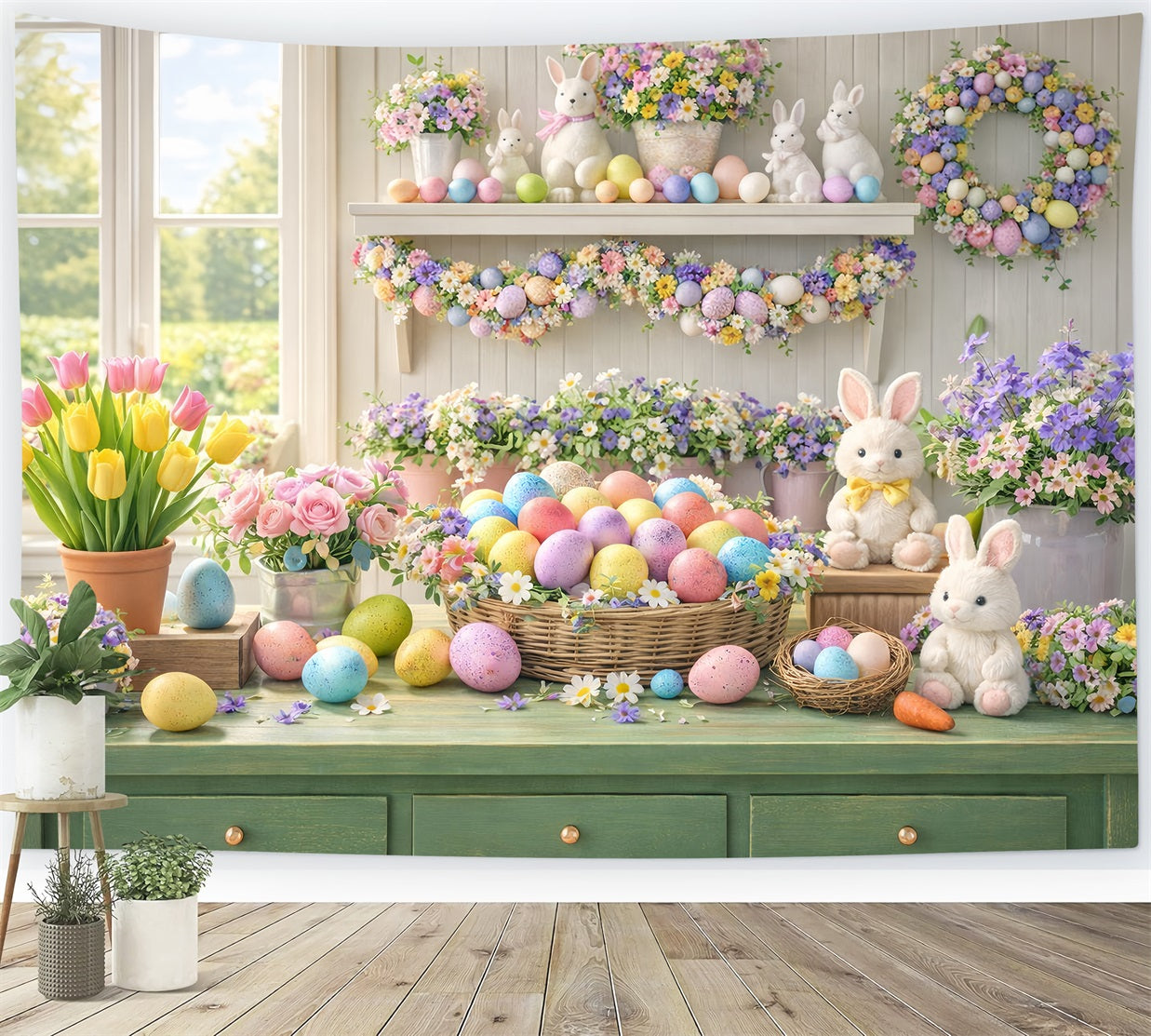 Easter Flower Backdrop Pastel Egg Tulip Window Bunny Backdrop UK LXX512-114
