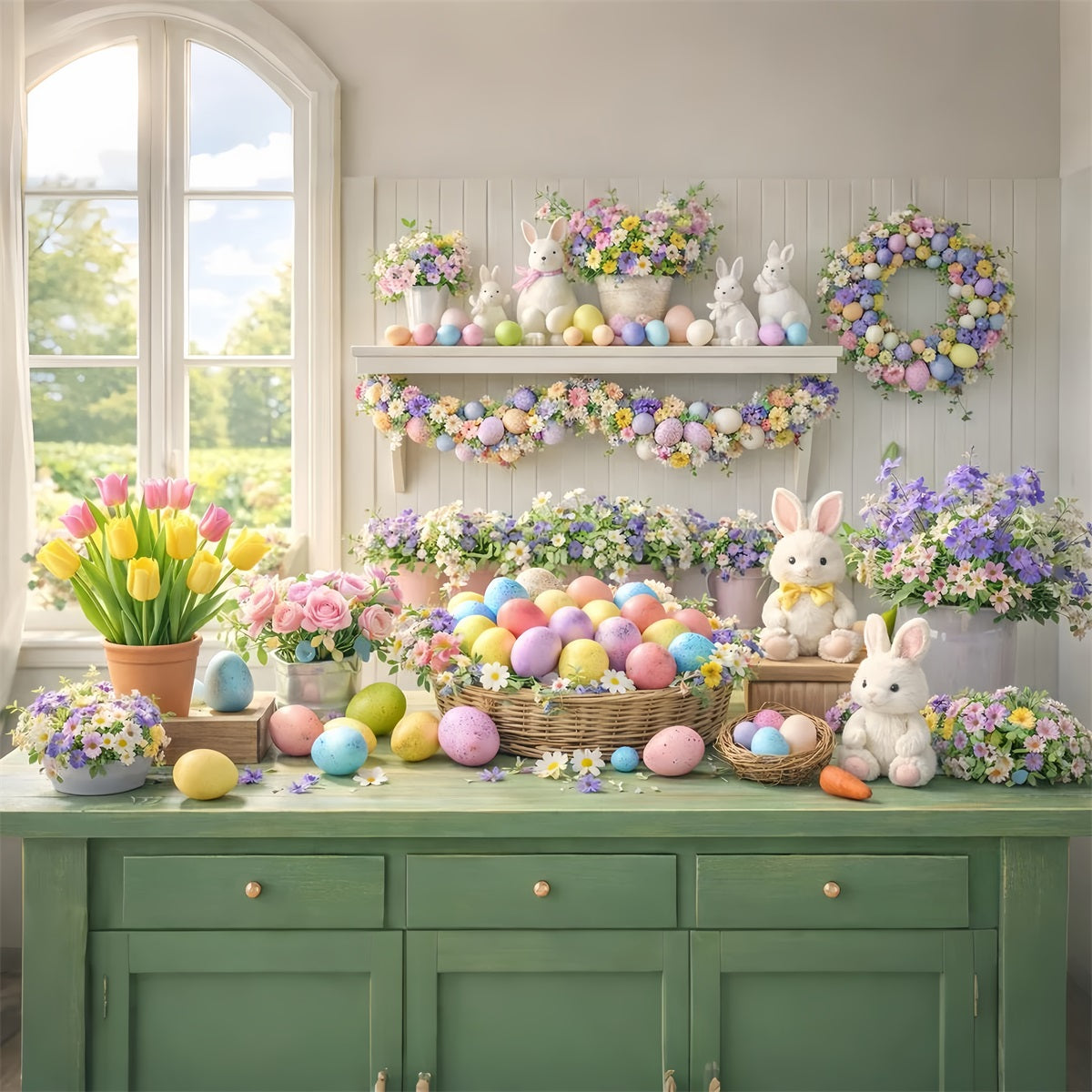Easter Flower Backdrop Pastel Egg Tulip Window Bunny Backdrop UK LXX512-114