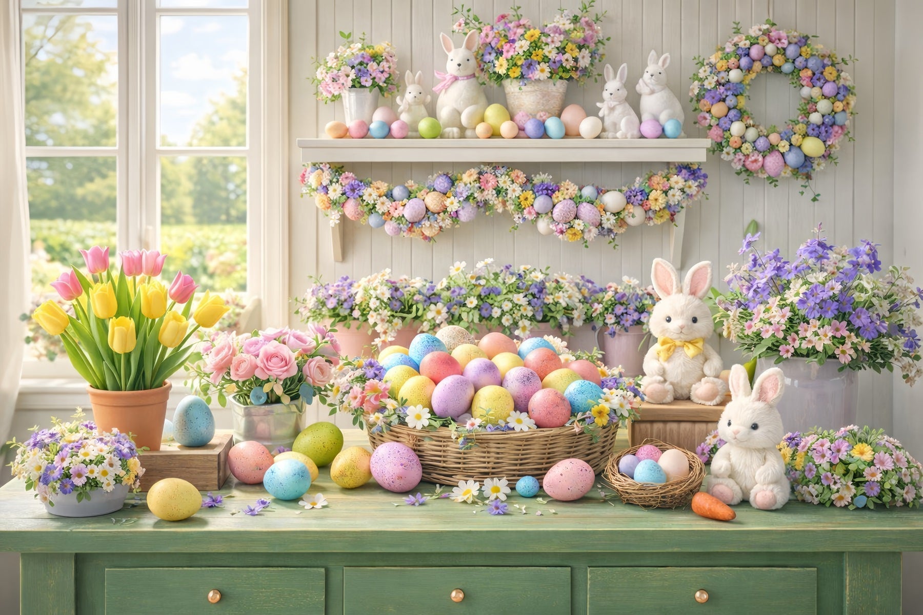 Easter Flower Backdrop Pastel Egg Tulip Window Bunny Backdrop UK LXX512-114