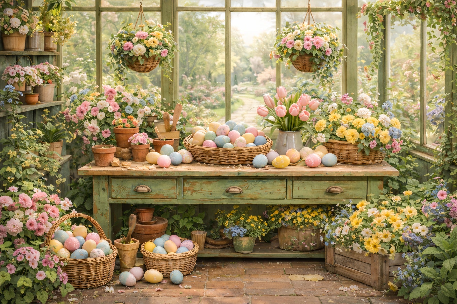 Easter Basket Backdrop Greenhouse Garden Flower Table Easter Egg Backdrop UK LXX512-115