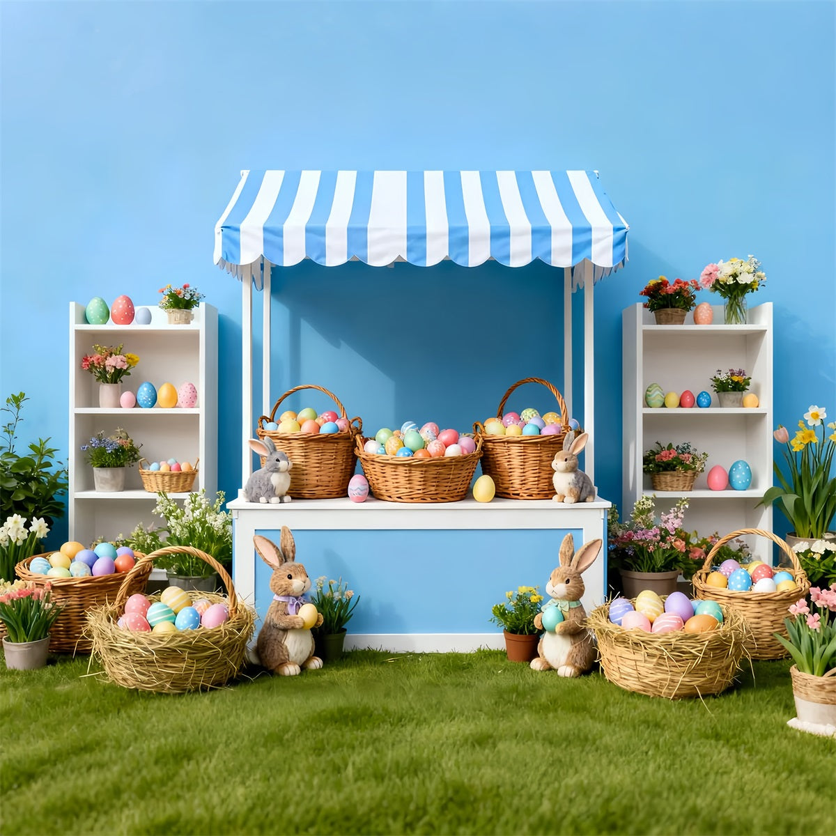 Easter Photo Backdrop Blue Stripe Egg Market Bunny Backdrop UK LXX512-117