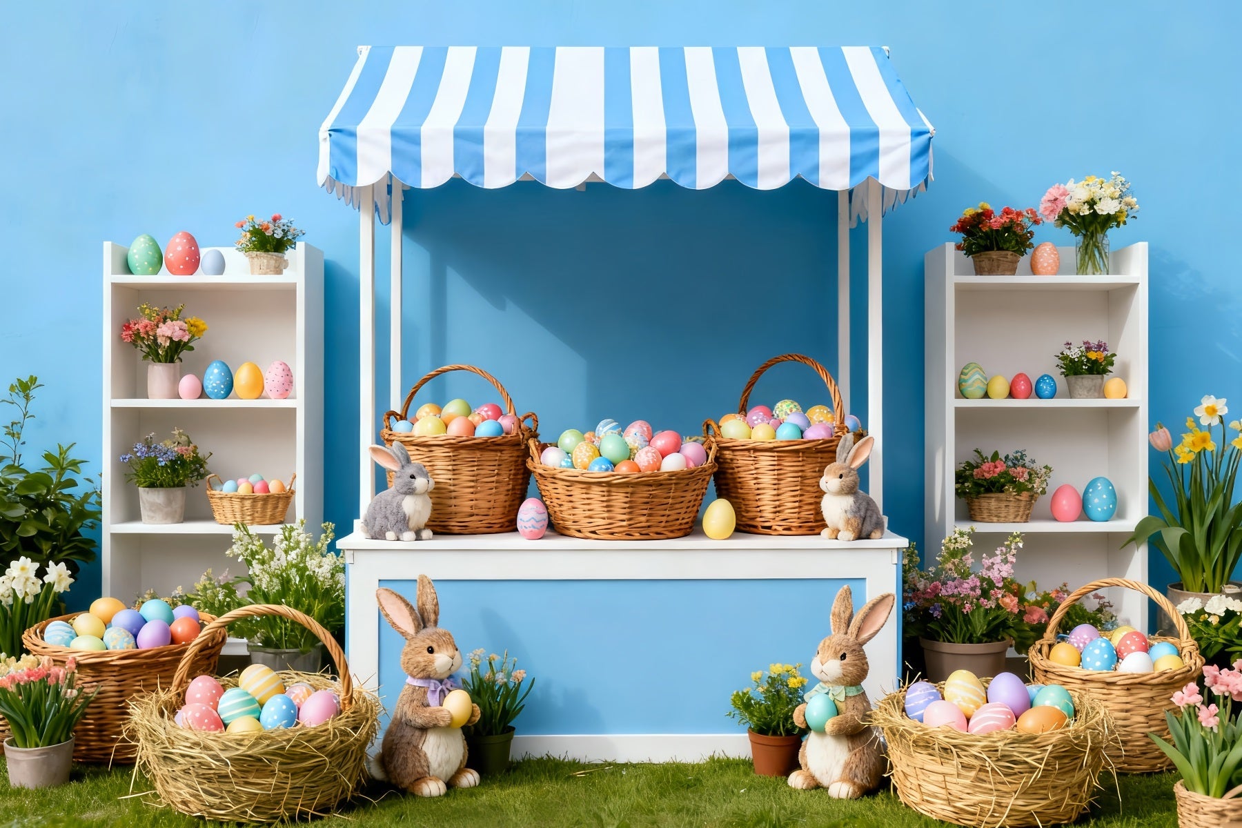 Easter Photo Backdrop Blue Stripe Egg Market Bunny Backdrop UK LXX512-117