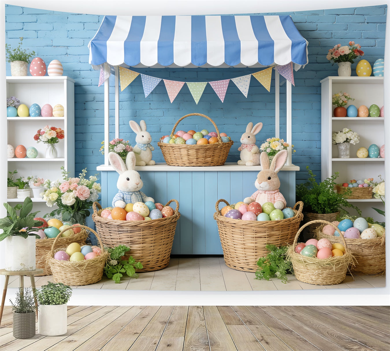 Bunny Backdrop Blue Stripe Market Stall Easter Photo Backdrop UK LXX512-118