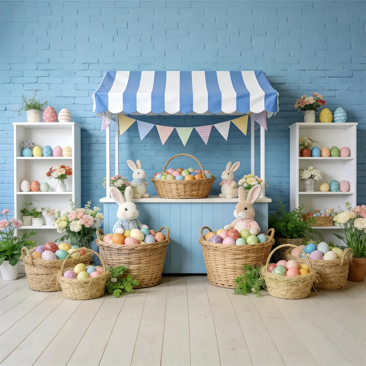 Bunny Backdrop Blue Stripe Market Stall Easter Photo Backdrop UK LXX512-118