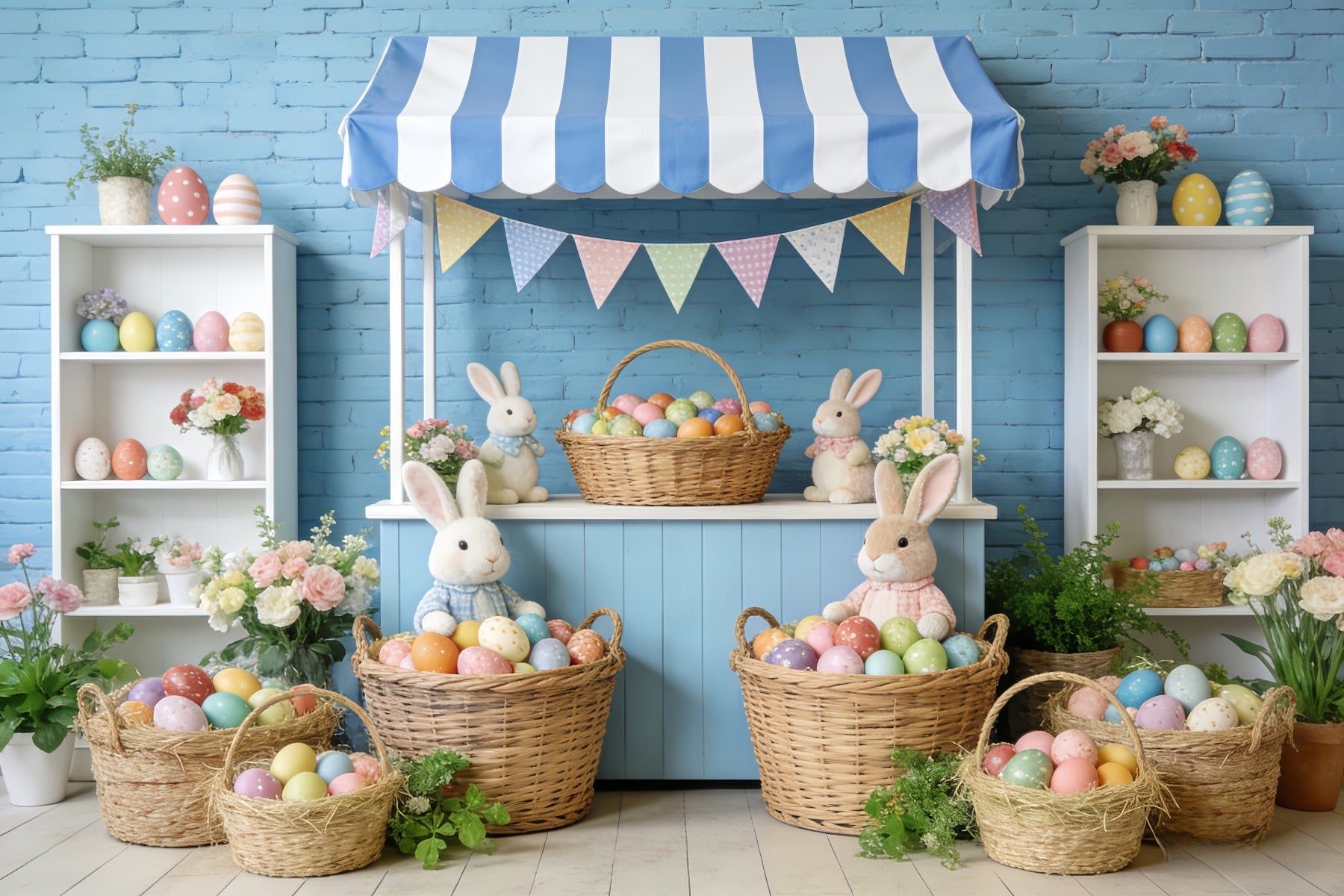 Bunny Backdrop Blue Stripe Market Stall Easter Photo Backdrop UK LXX512-118