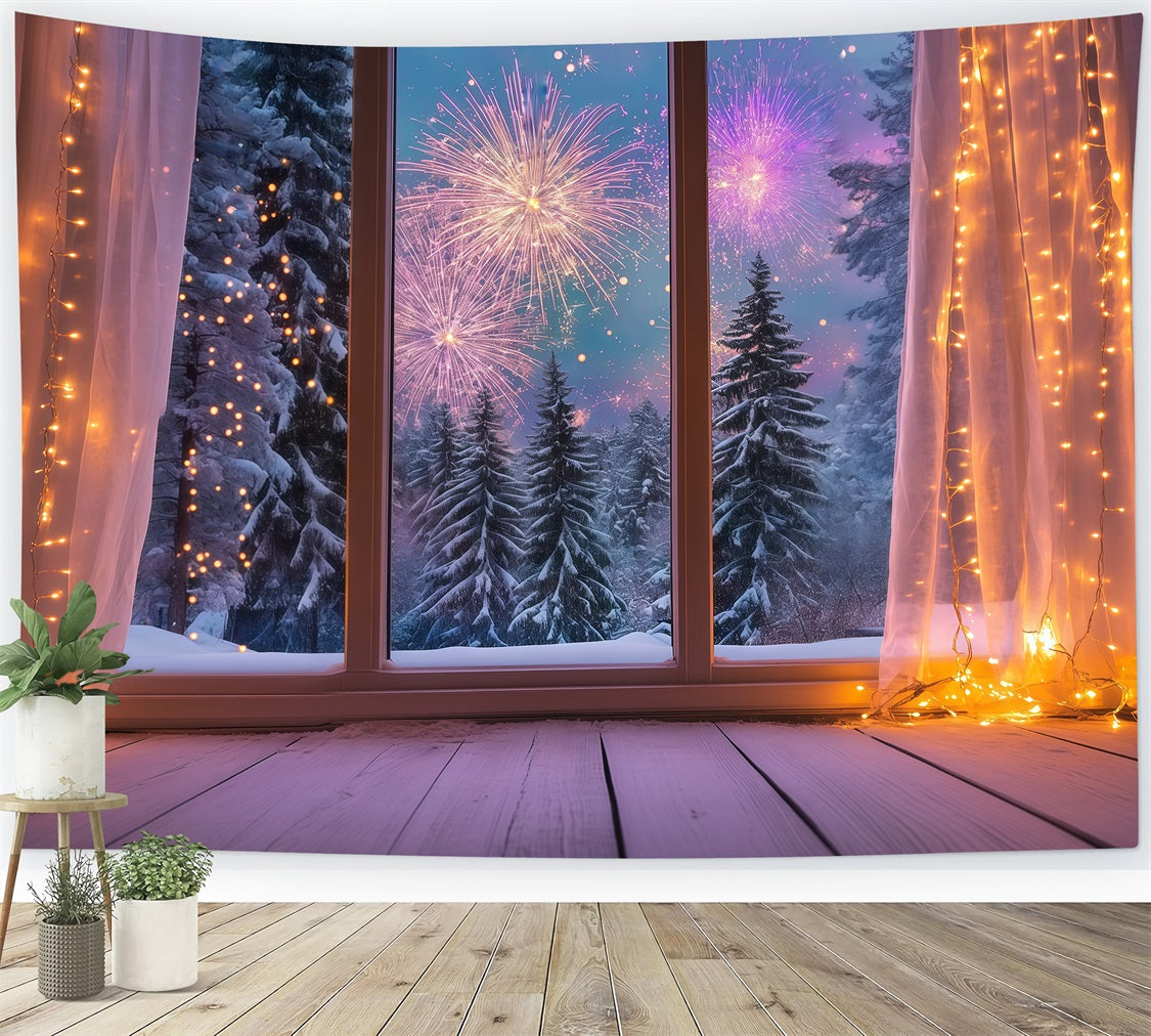 New Year Backdrop Cozy Winter Window Fireworks New Year's Eve Backdrop UK LXX512-12