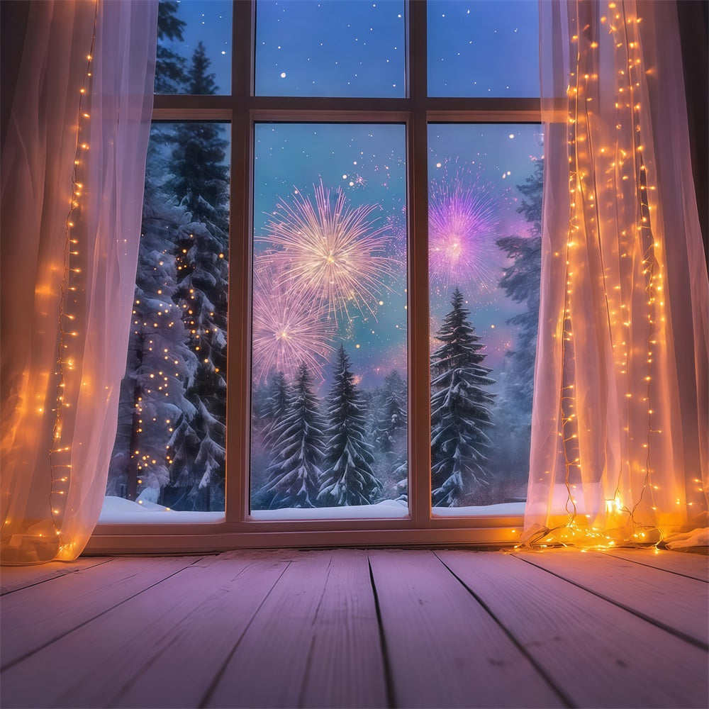 New Year Backdrop Cozy Winter Window Fireworks New Year's Eve Backdrop UK LXX512-12