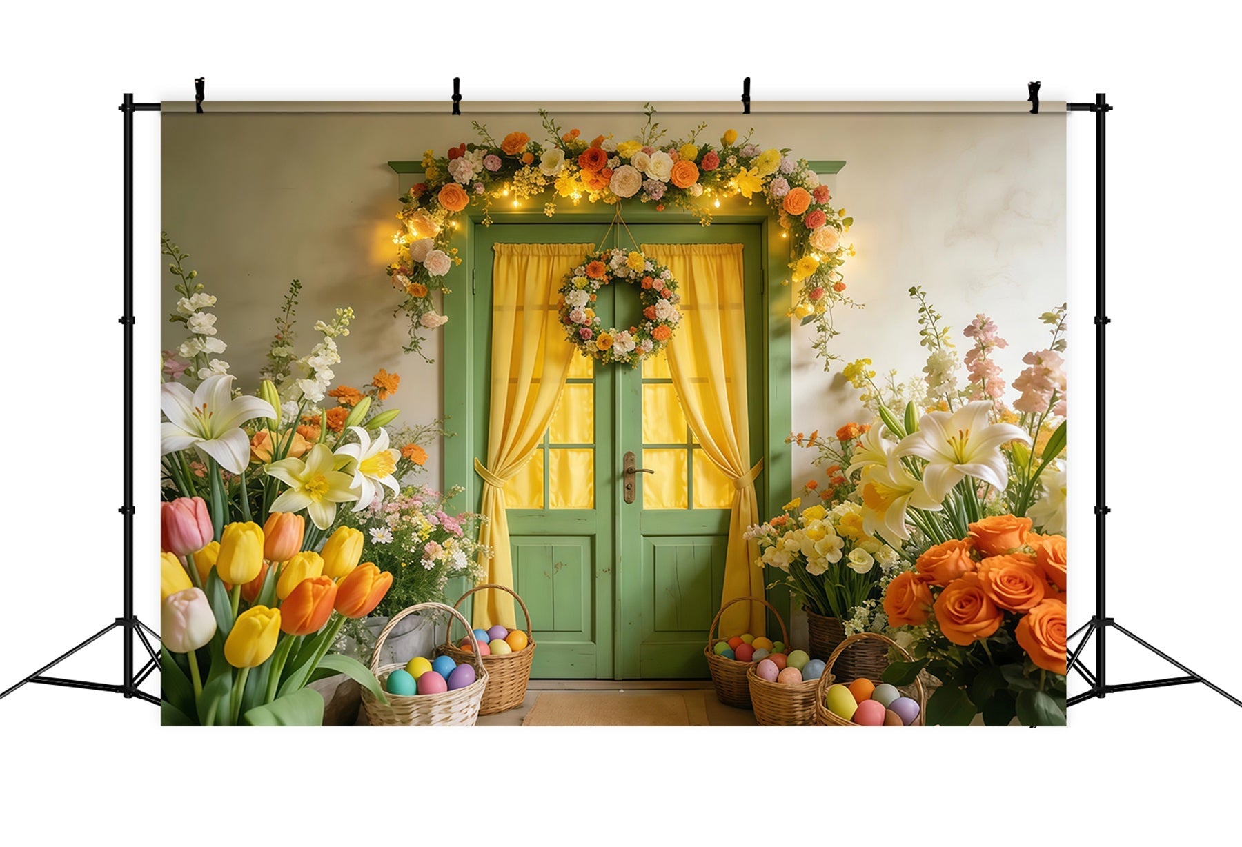 Tulip Backdrop Green Door Floral Wreath Glow Easter Egg Backdrop UK LXX512-124