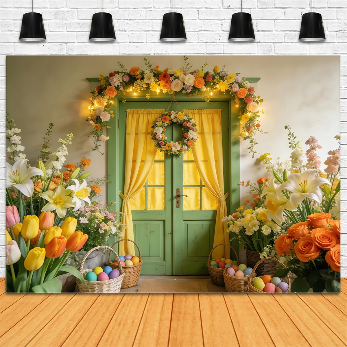 Tulip Backdrop Green Door Floral Wreath Glow Easter Egg Backdrop UK LXX512-124