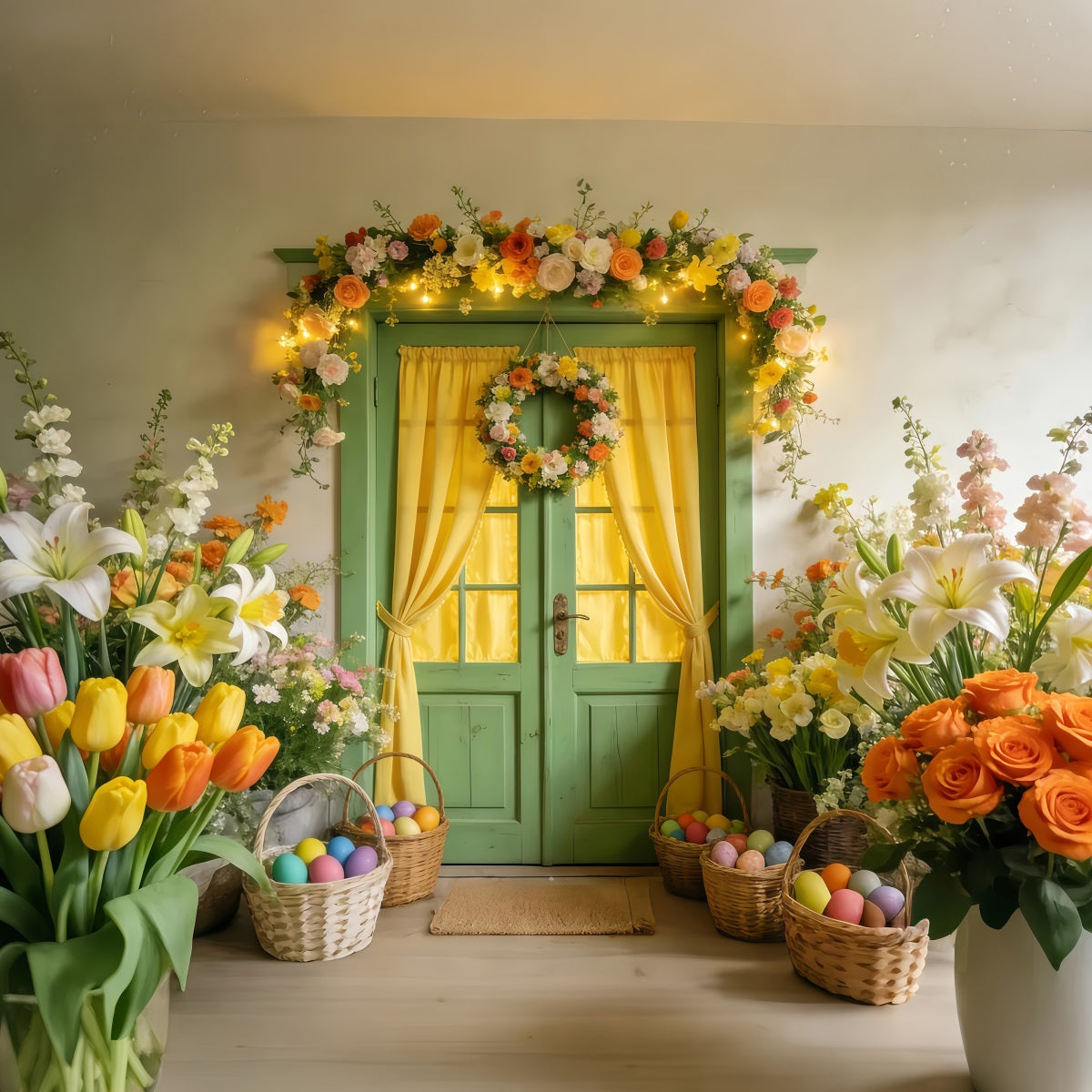 Tulip Backdrop Green Door Floral Wreath Glow Easter Egg Backdrop UK LXX512-124