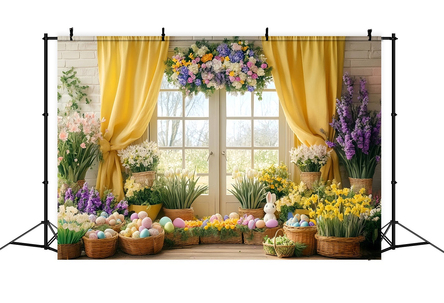 Easter Lily Backdrop Sunlit Yellow Curtain Flower Easter Egg Backdrop UK LXX512-125