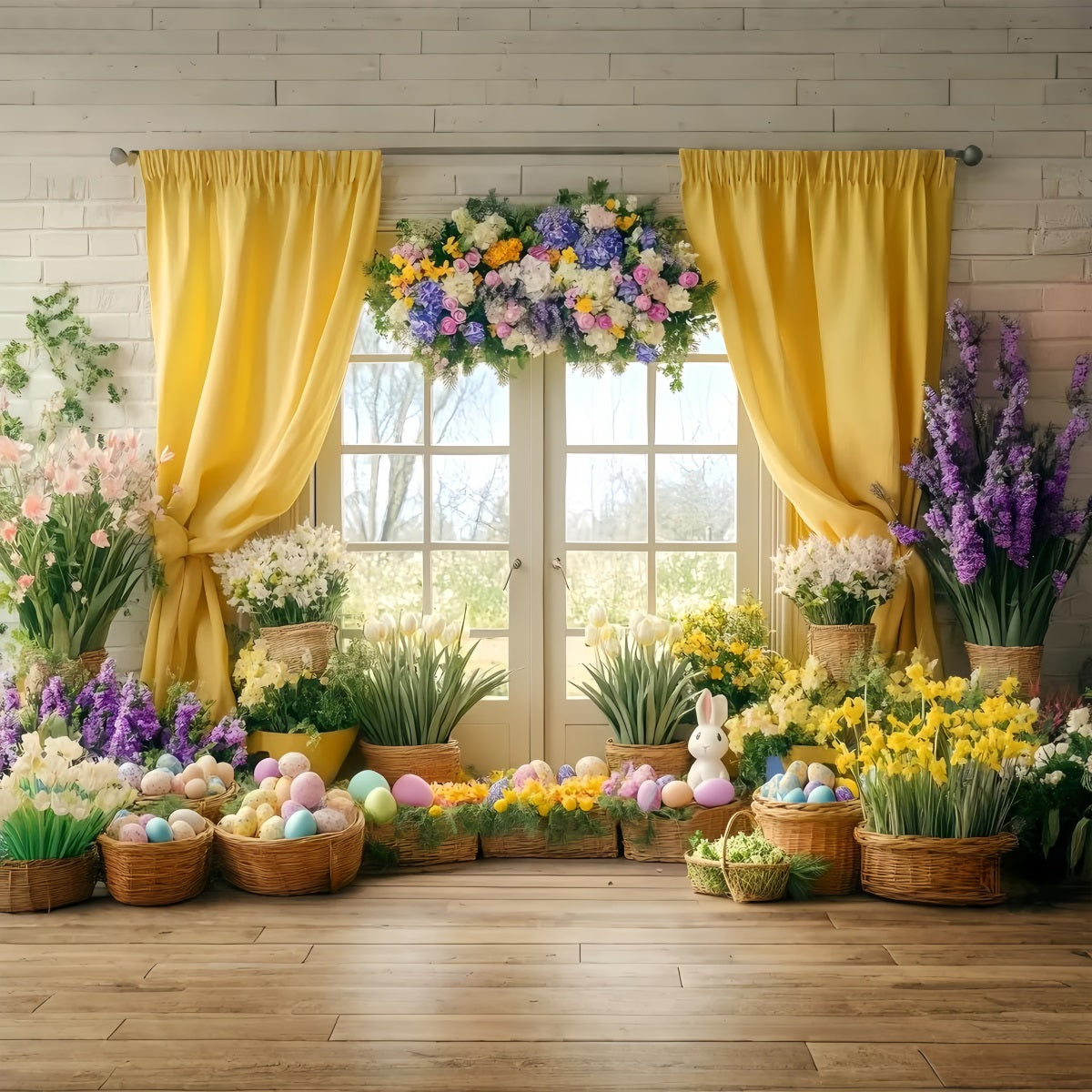 Easter Lily Backdrop Sunlit Yellow Curtain Flower Easter Egg Backdrop UK LXX512-125