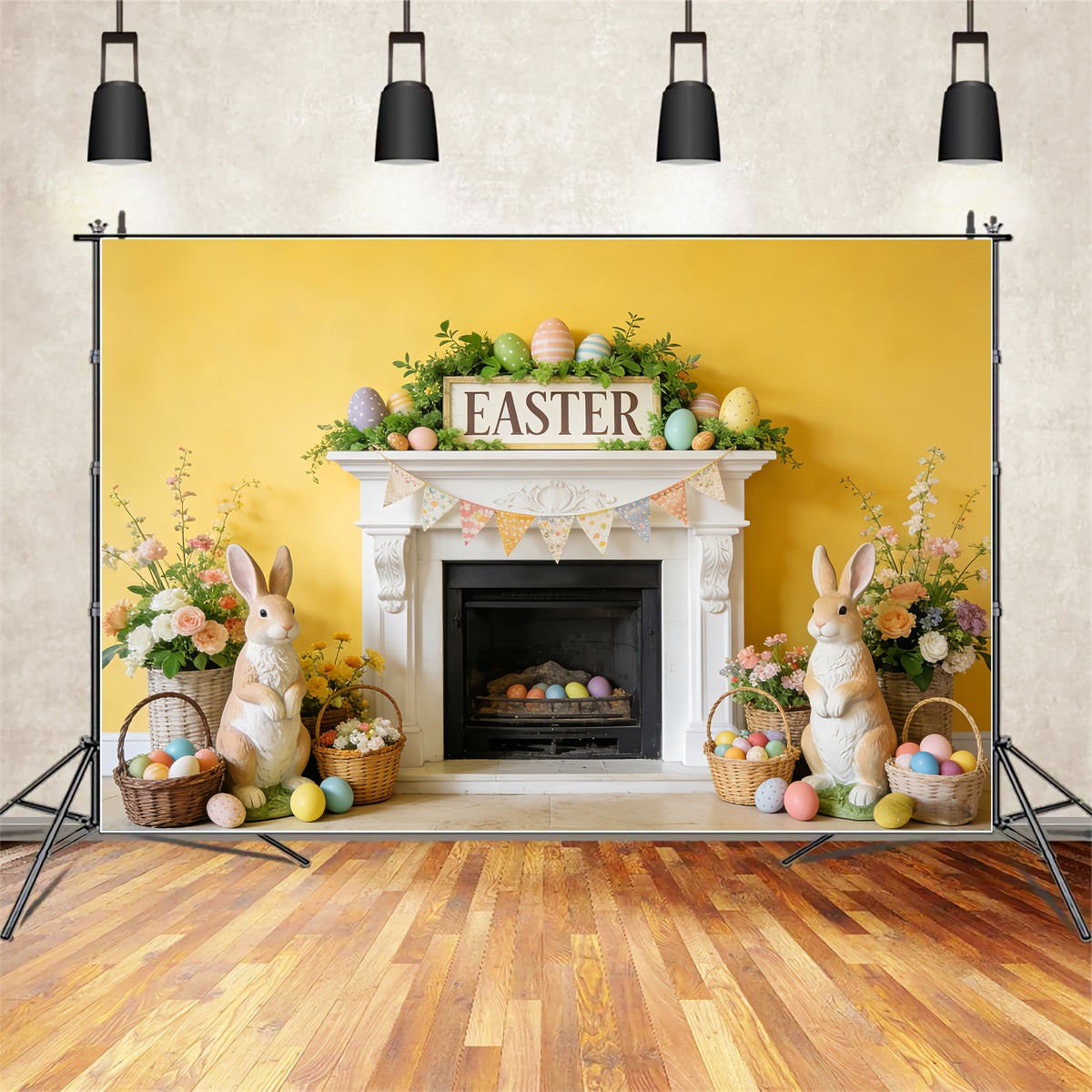 Easter Bunny Backdrop Fireplace Flower Bunting Flags Easter Egg Backdrop UK LXX512-127