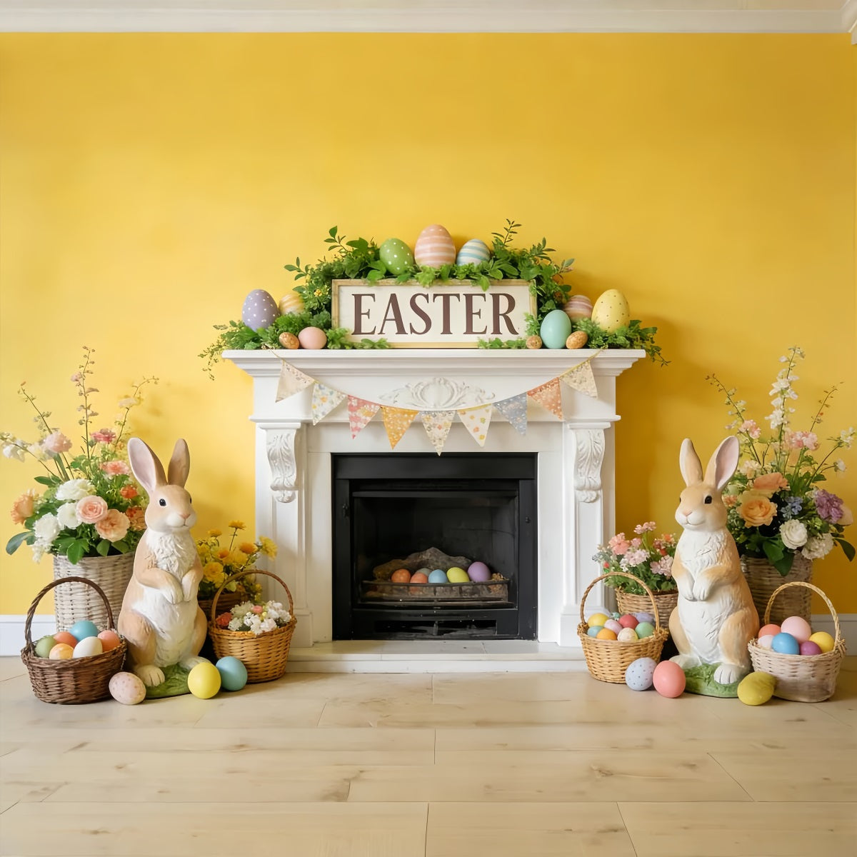 Easter Bunny Backdrop Fireplace Flower Bunting Flags Easter Egg Backdrop UK LXX512-127