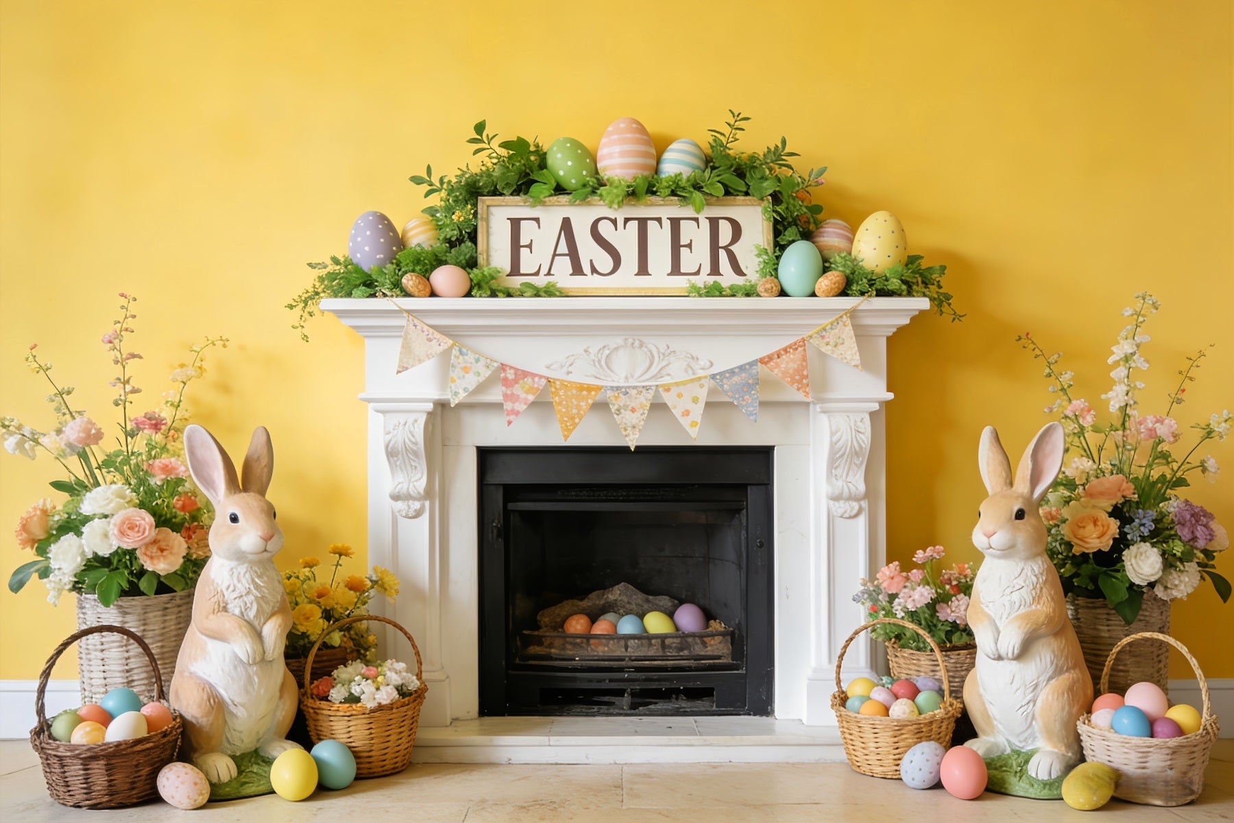 Easter Bunny Backdrop Fireplace Flower Bunting Flags Easter Egg Backdrop UK LXX512-127