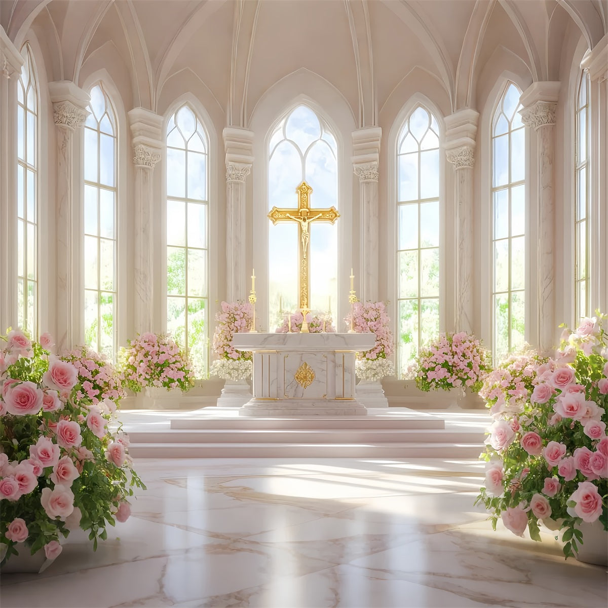 Church Easter Backdrop Golden Cross Floral Cathedral Religious Easter Backdrops UK LXX512-128
