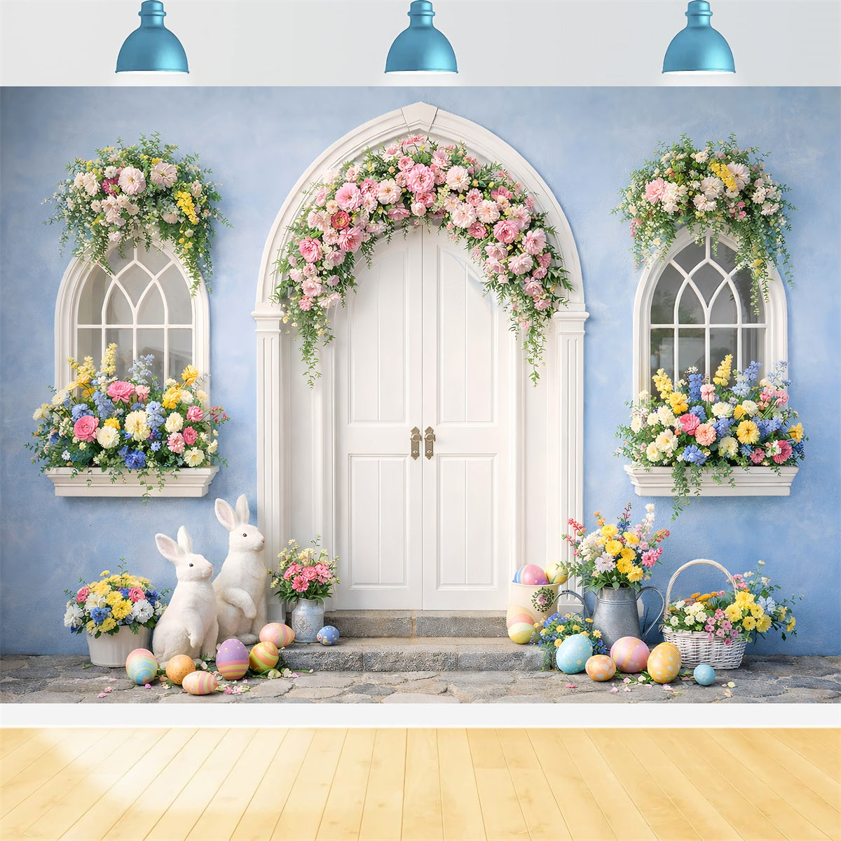 Easter Photo Backdrop Blue Arch Floral Bunny Doorway Easter Egg Backdrop UK LXX512-129