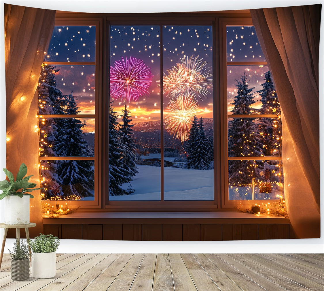 New Years Photo Backdrop Winter Snowy Window Forest Firework Backdrop UK LXX512-13