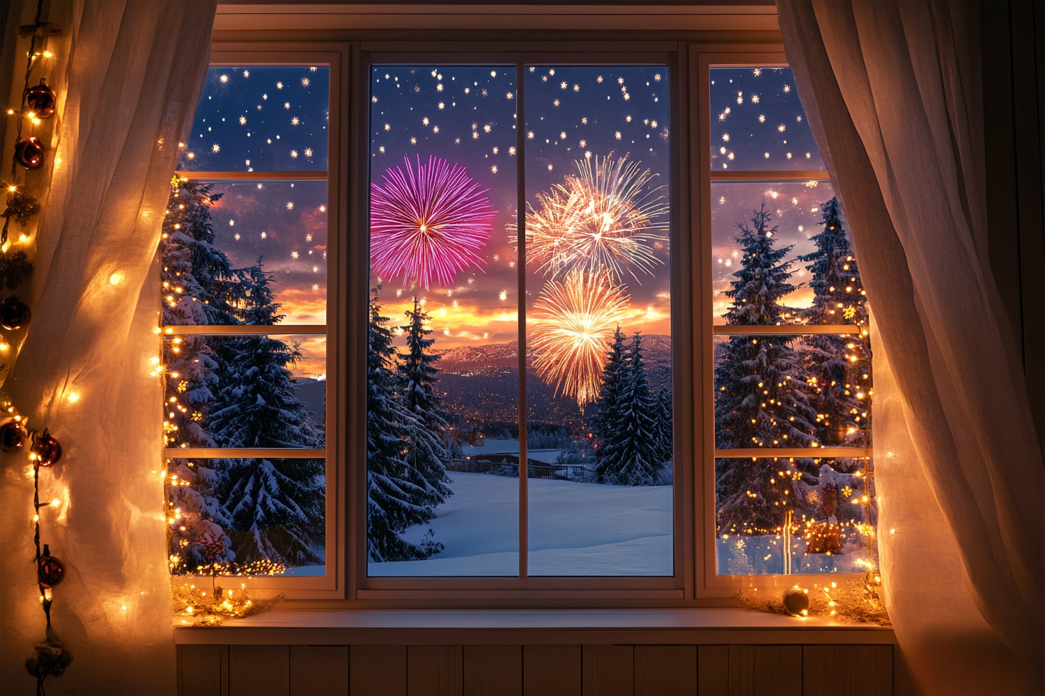New Years Photo Backdrop Winter Snowy Window Forest Firework Backdrop UK LXX512-13