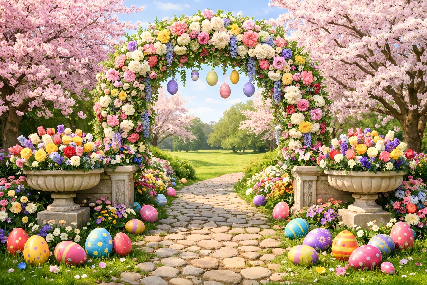Egg Hunt Backdrop Blossom Arch Garden Path Easter Flower Backdrop UK LXX512-131