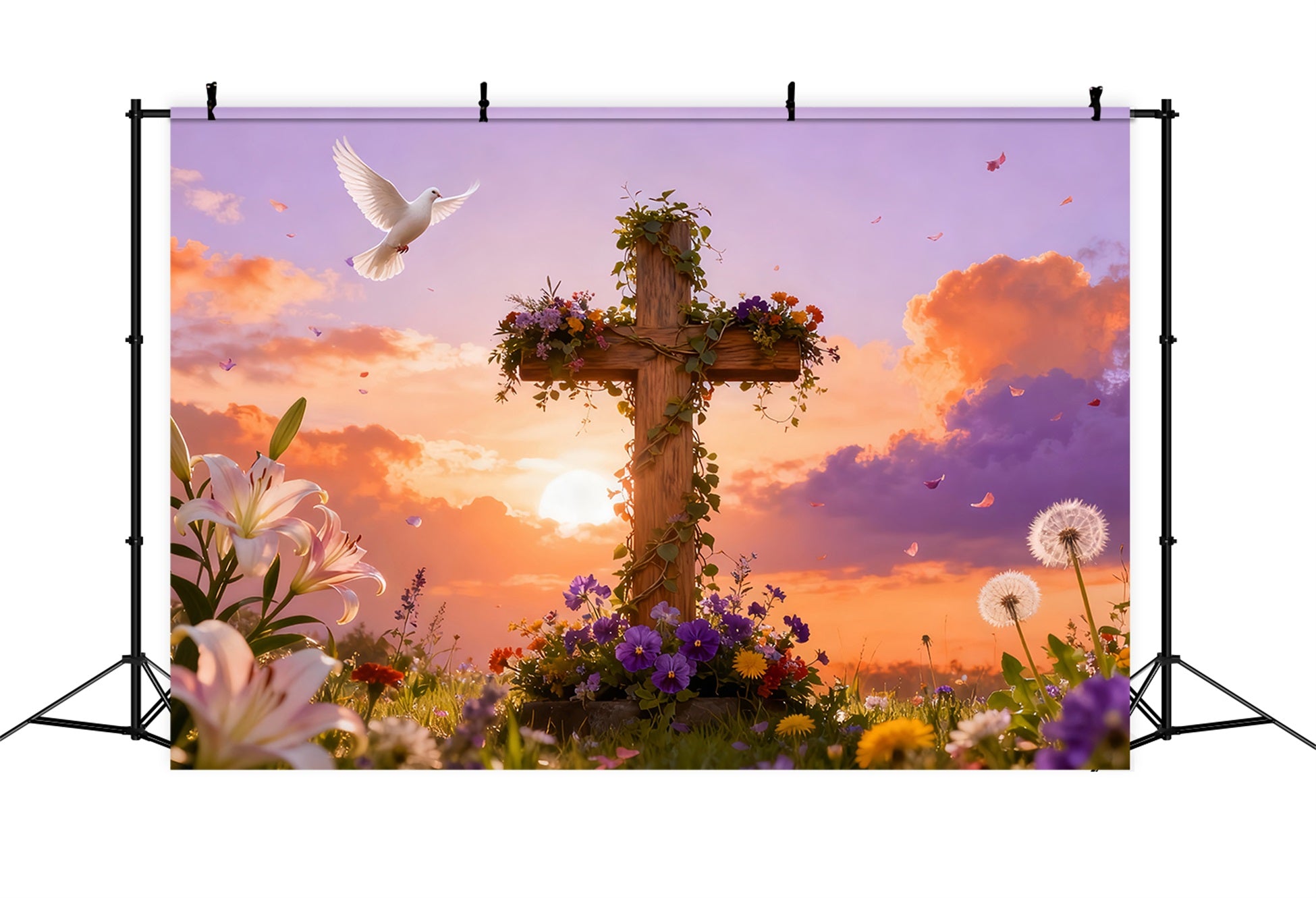 Cross Backdrop Resurrection Songbirds Sunrise Meadow Easter Church Photo Backdrop UK LXX512-132