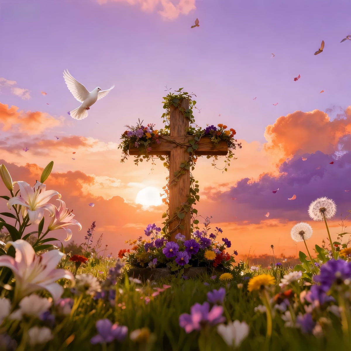 Cross Backdrop Resurrection Songbirds Sunrise Meadow Easter Church Photo Backdrop UK LXX512-132