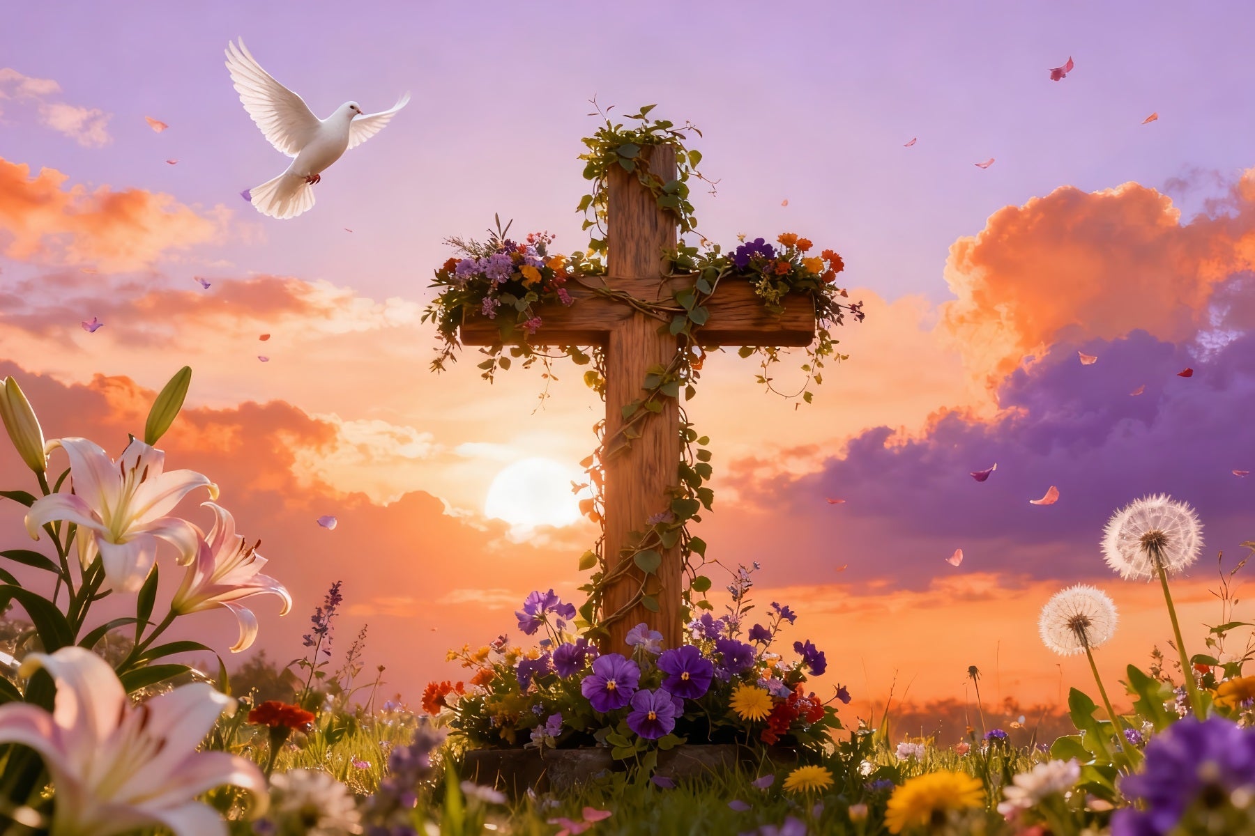 Cross Backdrop Resurrection Songbirds Sunrise Meadow Easter Church Photo Backdrop UK LXX512-132