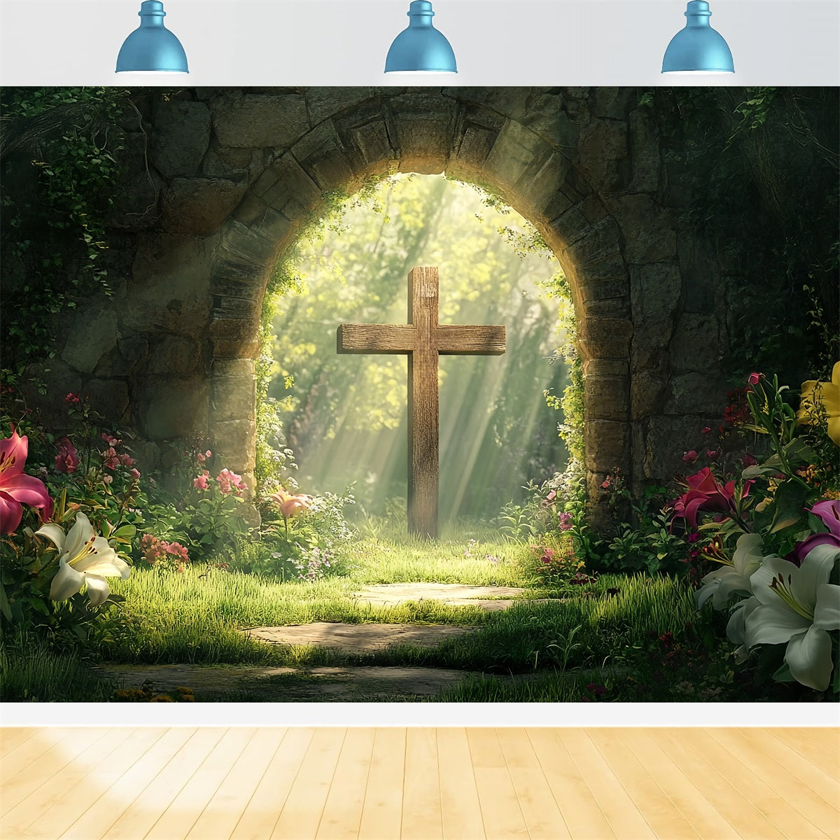 Cross Backdrop Forest Sacred Stone Arch Easter Photo Backdrop UK LXX512-134