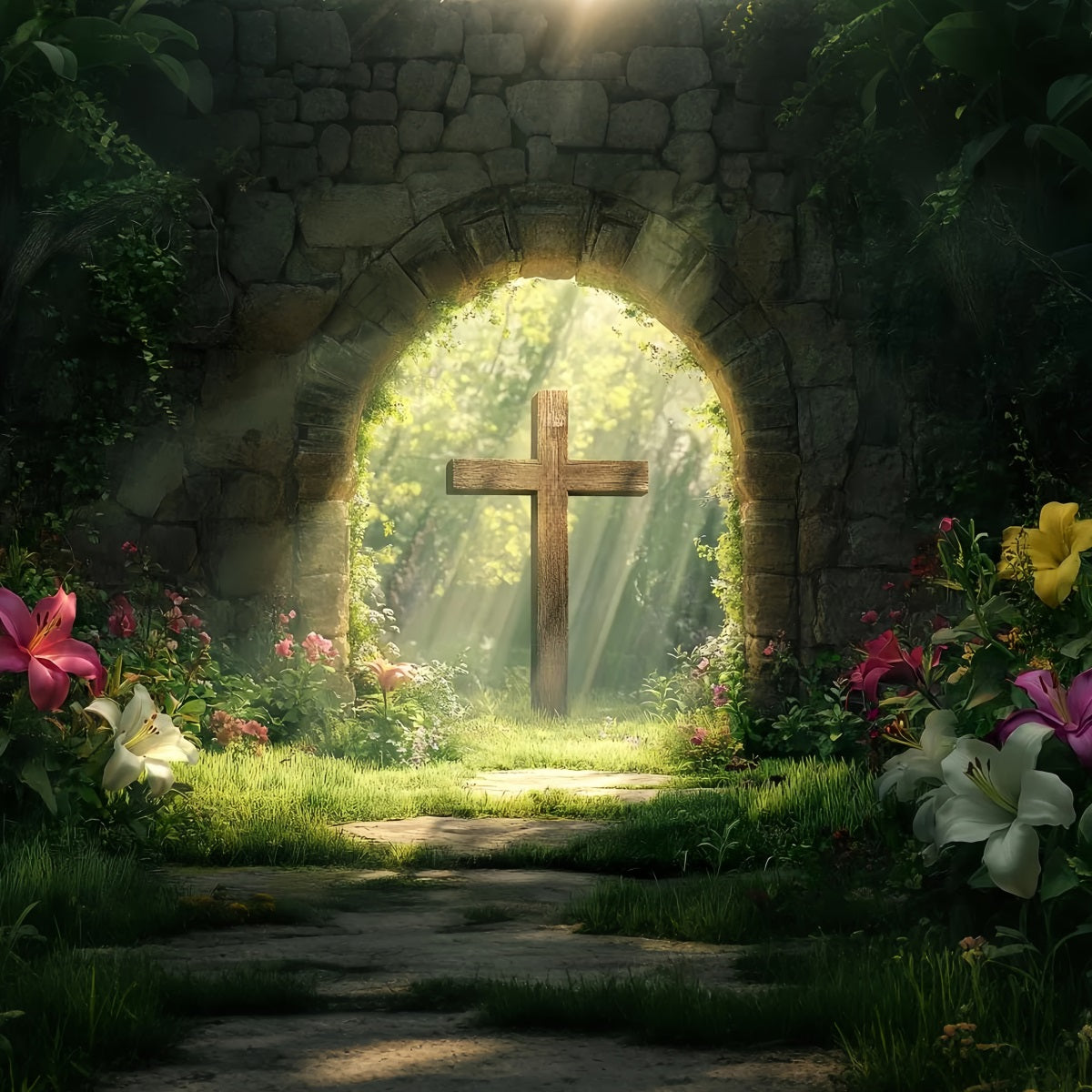 Cross Backdrop Forest Sacred Stone Arch Easter Photo Backdrop UK LXX512-134