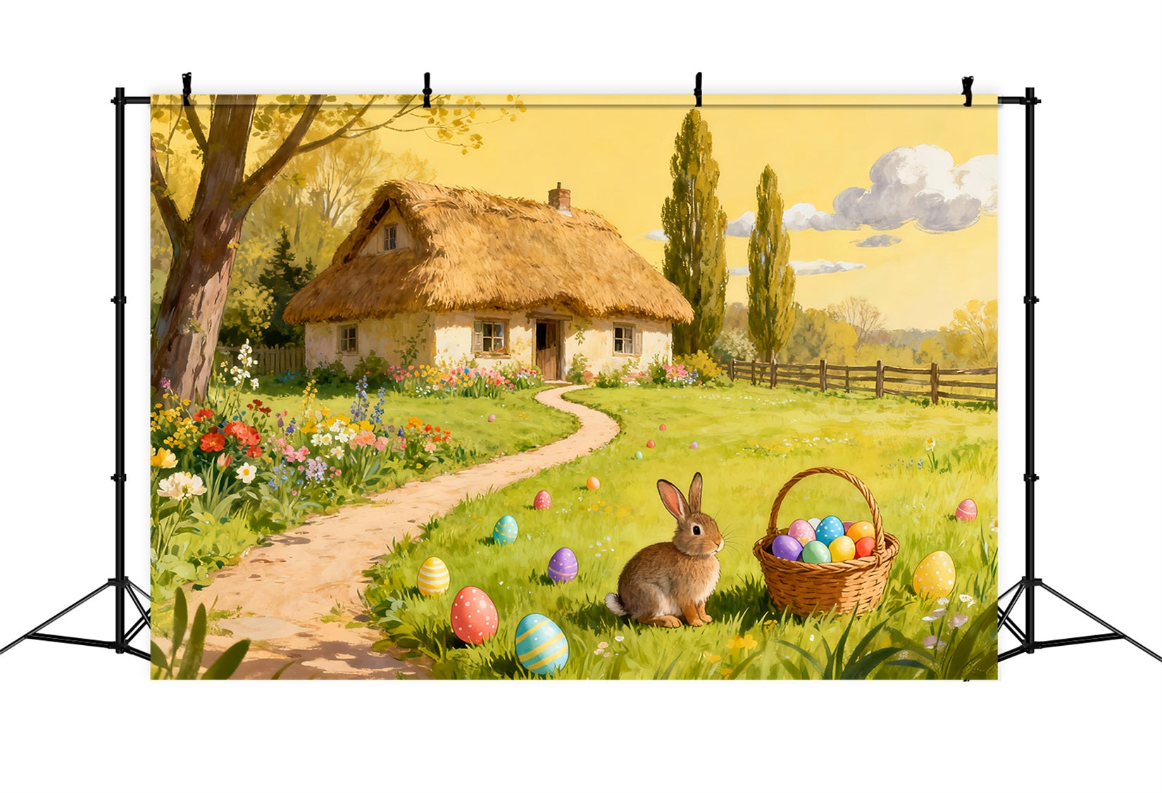 Easter Egg Hunt Backdrop Watercolor Countryside Cottage Garden Bunny Backdrop UK LXX512-135